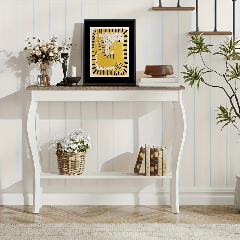 Farmhouse Console Sofa Table with S-Shape Wooden Legs, Chic Accent Narrow Console Table with Sturdy Frame and Open Shelf for Entryway, Living Room, and Hallway, Space-Saving Design, Versatile and Easy to Assemble (Dimensions in cm)