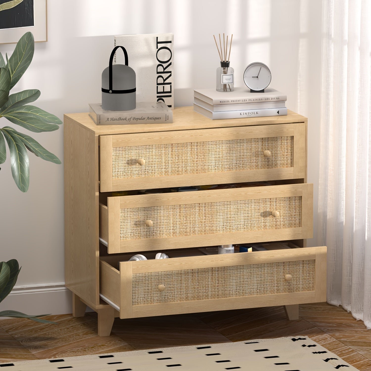 Rattan Drawer Dresser with 3 drawers, Boho Small Chest of Drawers- Large Storage and Sturdy Contruction, Natural Rattan Dresser for Bedroom, Living Room, Hallway