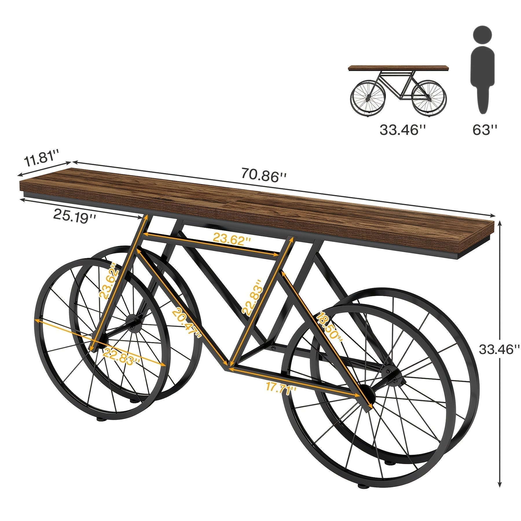 180 cm Farmhouse Extra Long Console Table, Modern Narrow Sofa Table with Bicycle Metal Base, Industrial Entryway Accent Table for Living Room, Bedroom, Hallway, Entrance, Foyer, Rustic Brown, Christmas