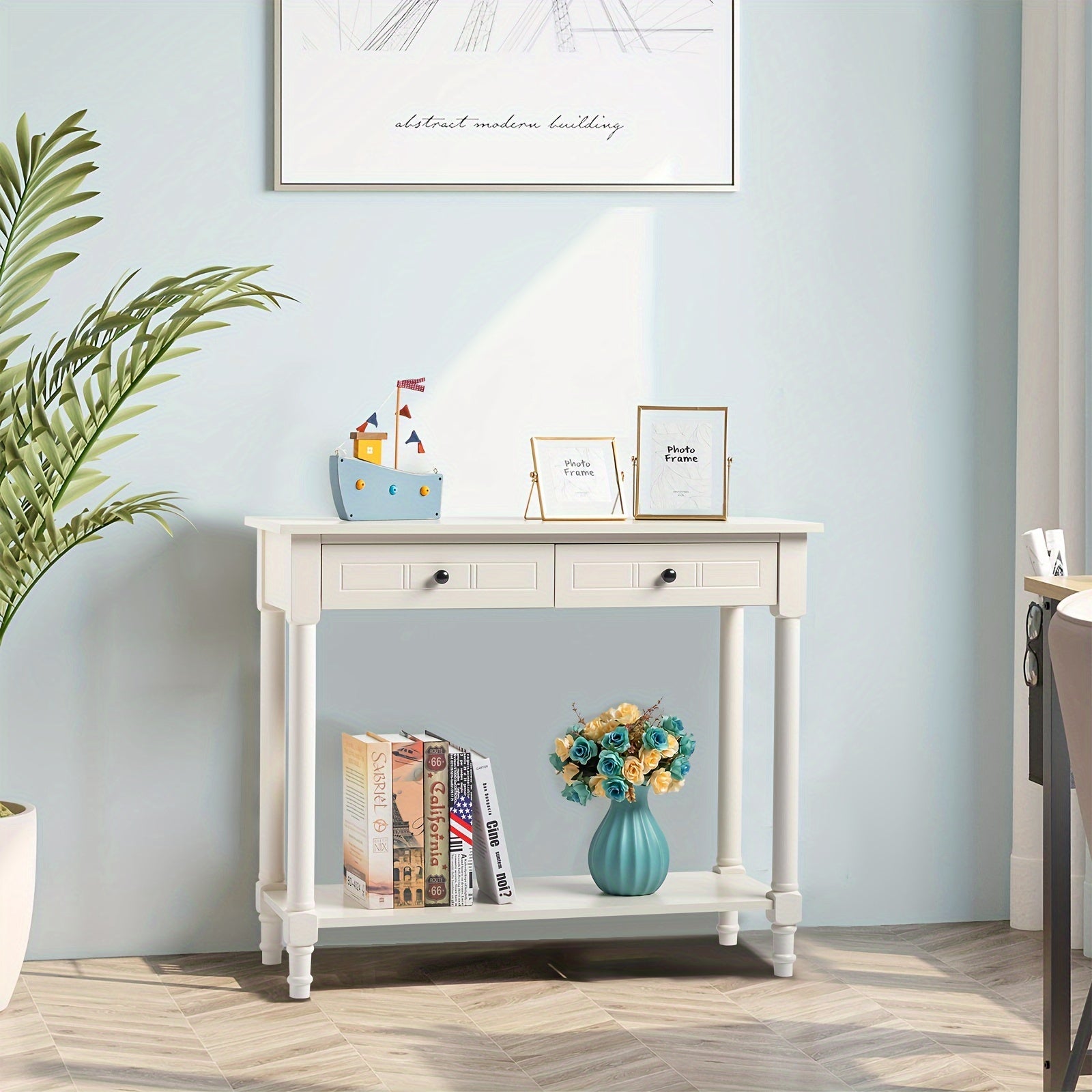 2-Tier Console Table with 2 Drawers, Console Tables for Entryway, Sofa Table with Storage Shelves, Entryway Table Behind Sofa Couch, for Living Room, Kitchen, Cream White (Dimensions in cm)