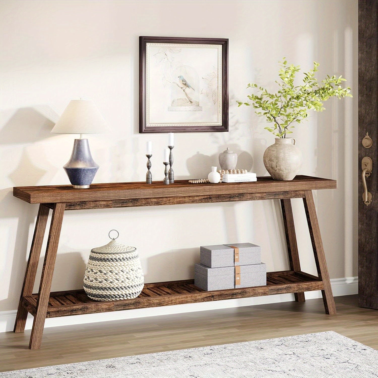 Rustic Farmhouse Console Table - 180 cm All-Wood Entryway Table, Dual Tier Narrow Design for Couch & Sofa Backdrop, Perfect for Hallway, Living Room - Brown