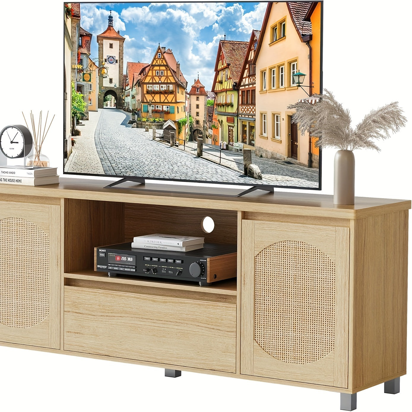 1pc Rattan TV Stand For 70 Inch TV, Boho TV Entertainment Center, TV Console With Drawer And 2 Cabinets, Media Console Cabinet For Living Room, Bedroom, Natural Oak