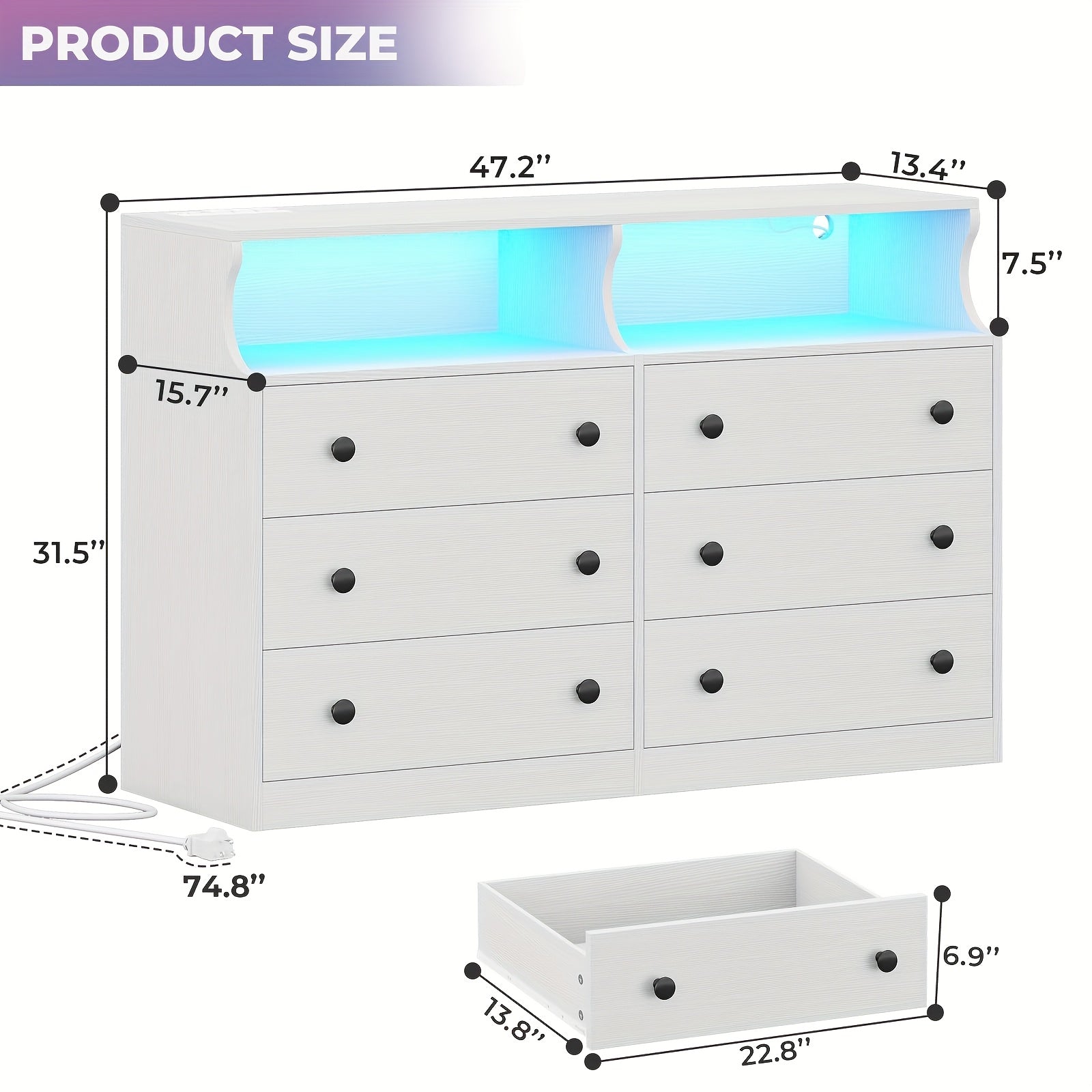 Bedroom Dresser, 6 Drawer Double Dresser With Charging Station With Open Storage, White