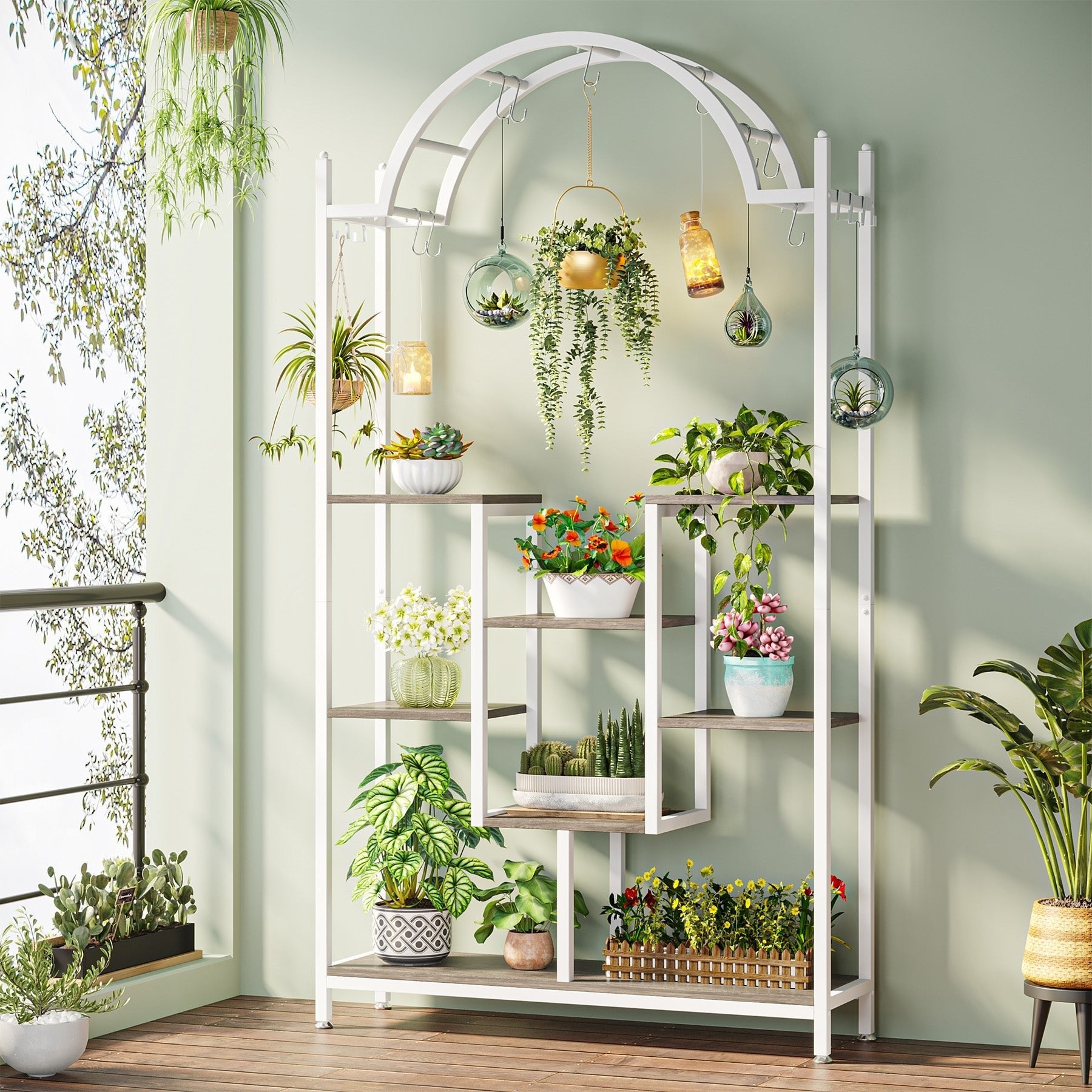 Arched Plant Stand, 190 cm Flower Stands with Hanging Hooks