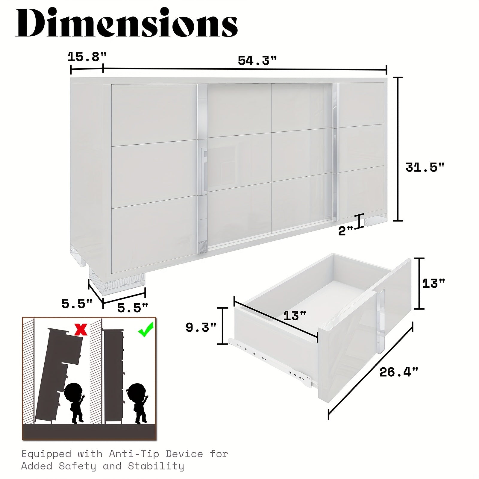 Sleek 138cm High-Gloss White Dresser with Silvery Handles - Spacious 6-Drawer Storage Chest for Bedroom, Closet, or Living Room