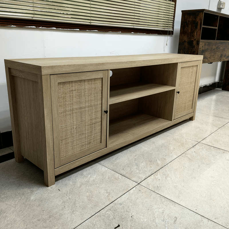 Rattan TV Stand for 65 Inch, Boho Entertainment Center with Storage and Doors, Wood TV & Media Console Under TV Cabinet Furniture for Living Room, Natural Wood