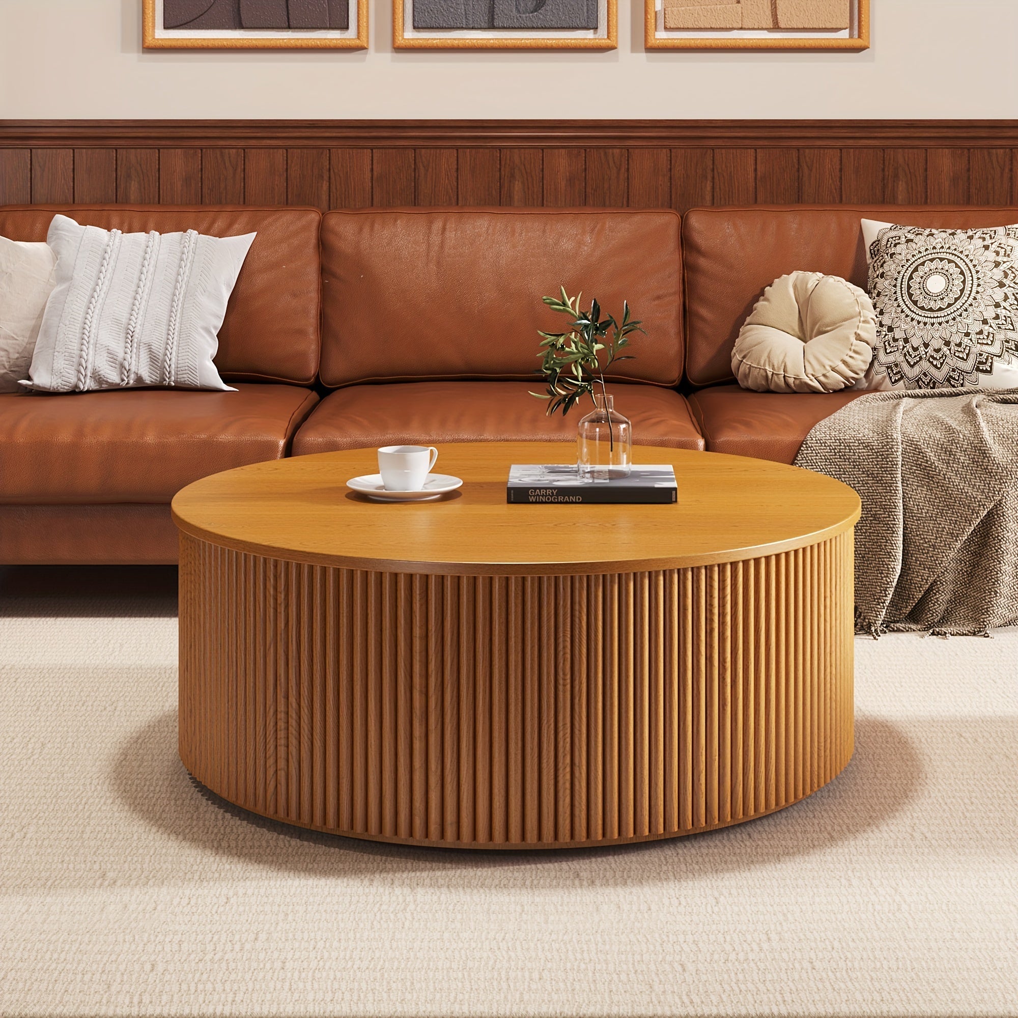 Round Lift Top Coffee Table Wooden Walnut With Hidden Storage Space For Living Room