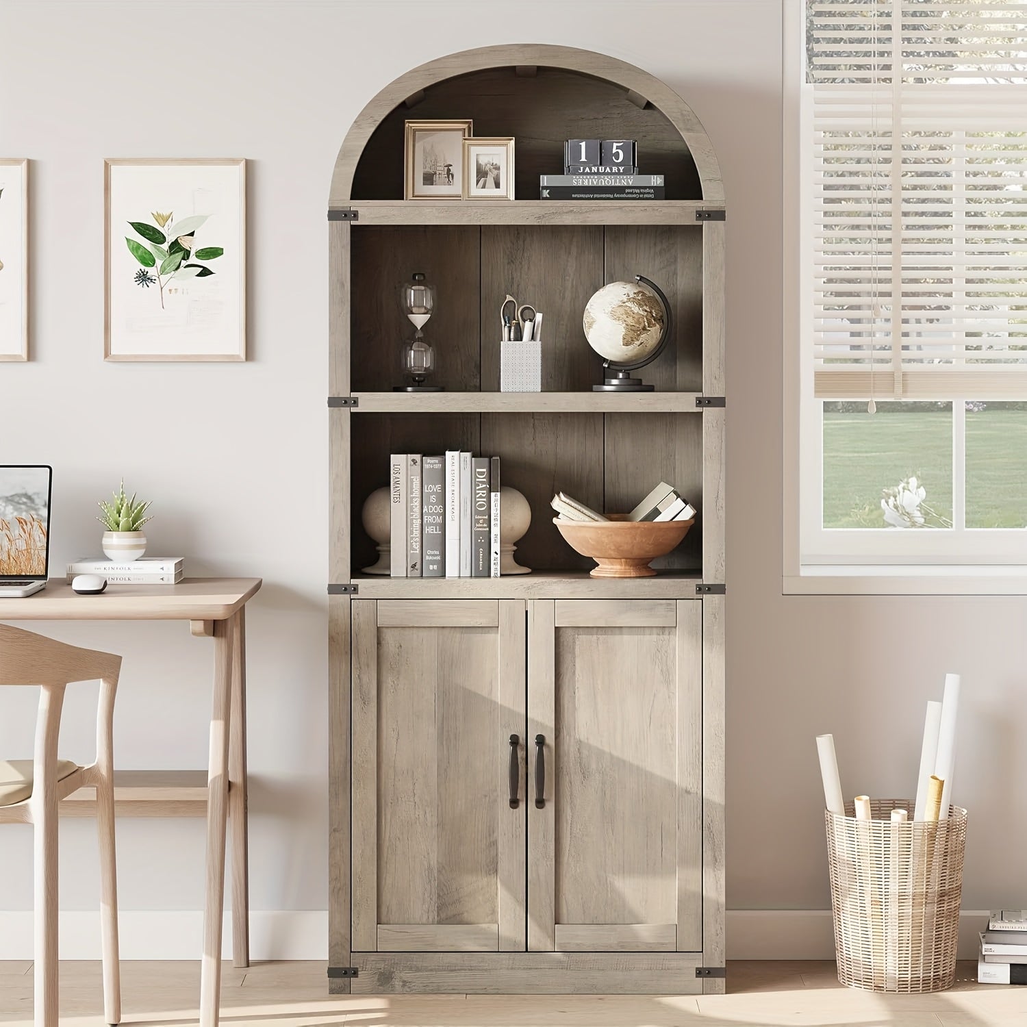 179cm High Bookcase With Doors Bookcase Arched Bookshelf Farmhouse Cabinet With Shelves Bookcase For Home Office, Living Room