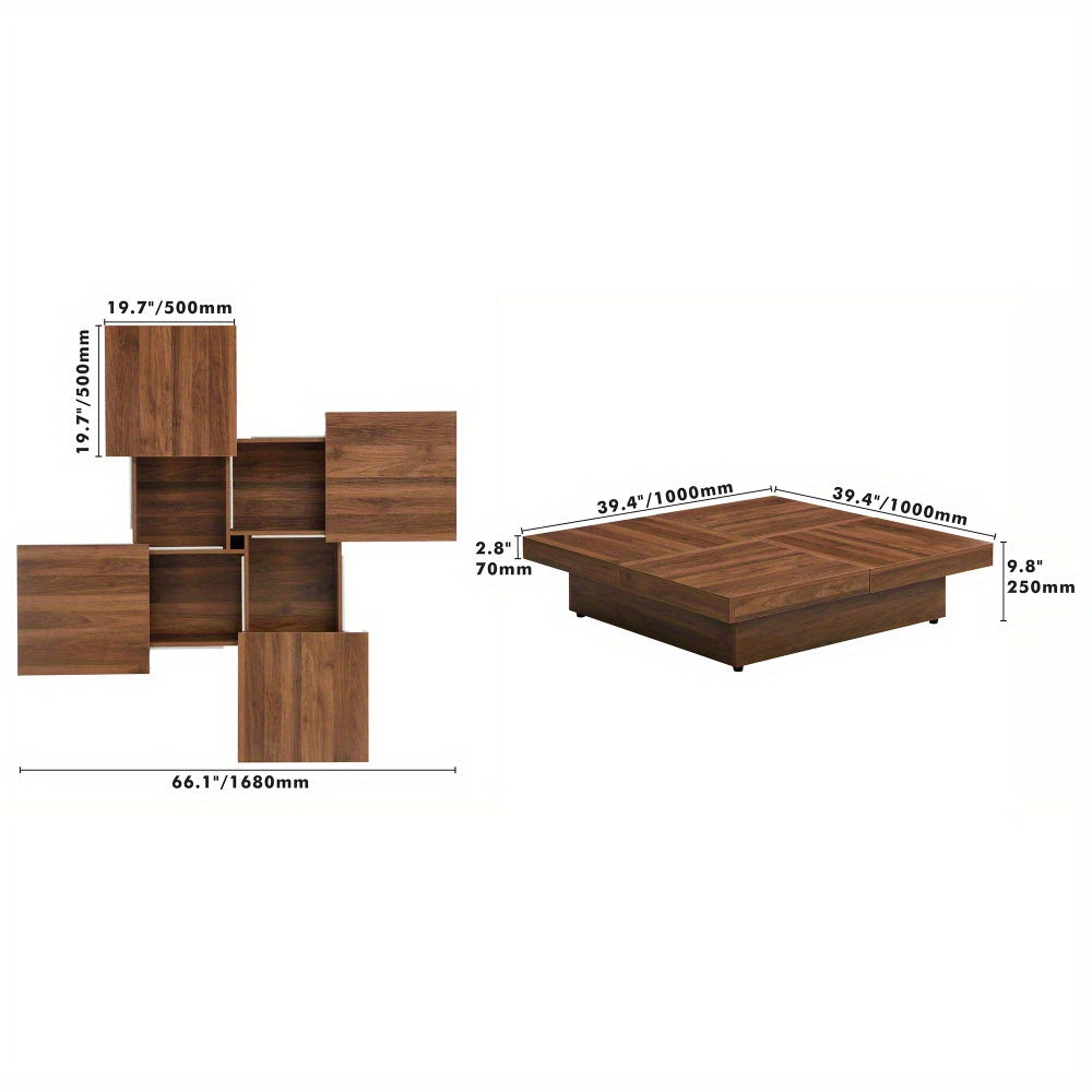 Elegant Walnut-Finish Square Coffee Table with Sliding Top & Storage - 39.4" Marble Veneer, Sturdy MDF Construction