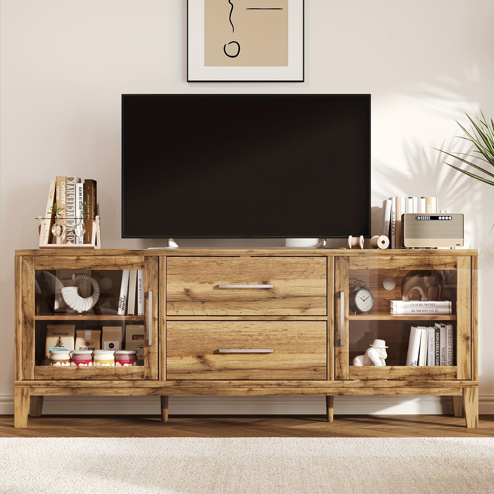 160cm Rustic Wood Grain TV Stand with High Gloss Panel - Hardwood Storage Cabinet with Drawers, Entertainment Center for TVs up to 70", Media Console for Living Room