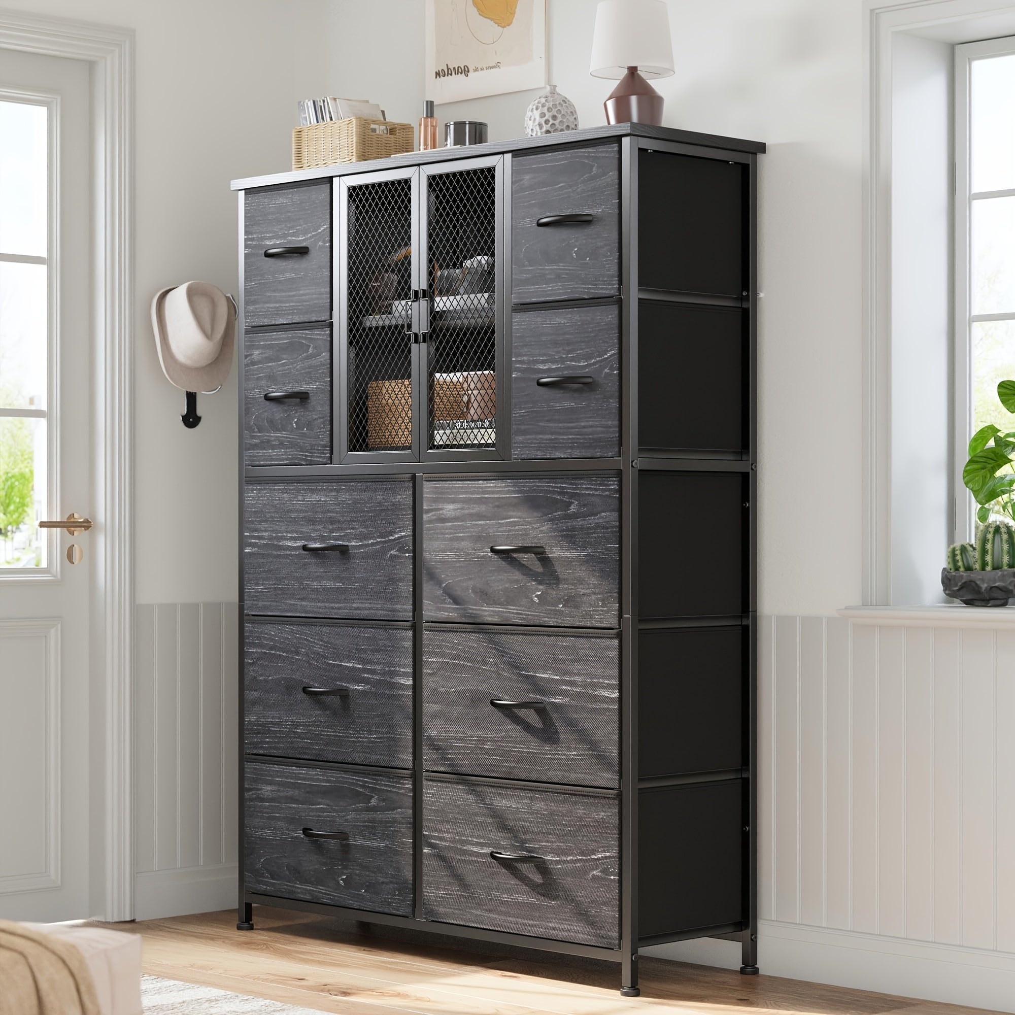 Modern Tall Dresser with Mesh Door - 10 Fabric Drawers, Metal Frame, Wood Top Organizer for Closet and Entryway, 38" Wx11.81" Dx48.1" H, Dresser for Bedroom, Storage Drawer Units