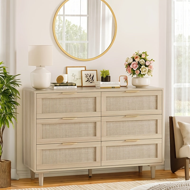 Rattan Dresser For Bedroom, 6 Drawer Wide Dresser, Boho&Farmhouse Chest Of Drawers, Clothes Storage Cabinet, Metal Handle&Wood Legs For Hallway, Living Room, Bedroom