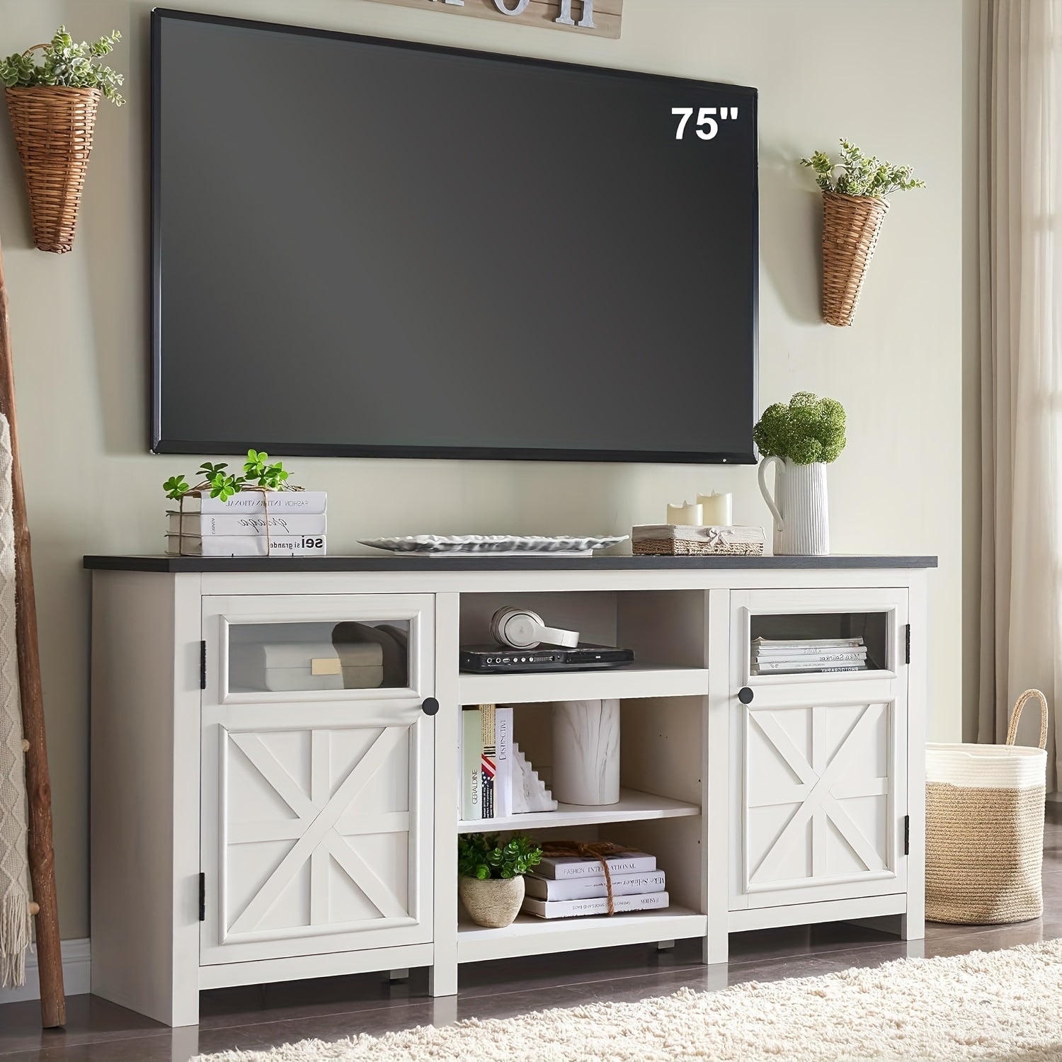 Farmhouse TV Stand For 75 Inch TV, Entertainment Center With Storage, Modern TV Cabinet With Barn Doors, 66" Rustic TV Console For Living Room, Adjustable Shelf