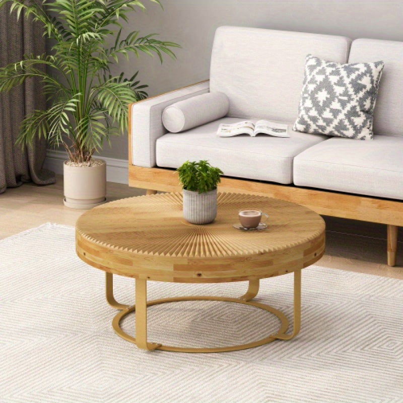 Modern Round Coffee Table Wooden Carving Pattern Coffee Table with Metal Legs for Living Room Reception Room Office Golden