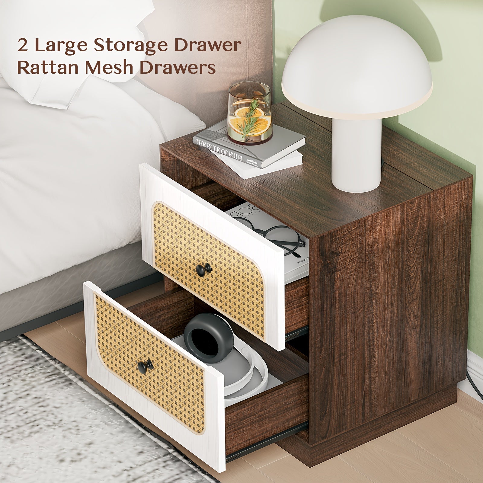 Rattan Nightstands 1PCS Mid-Century Modern Nightstands With Drawers - Bohemian End Table Side Table, Bedroom Living Room Decorative Table, Walnut + Oak