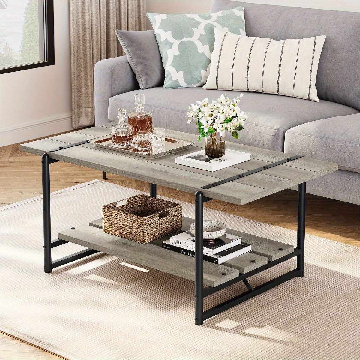 101cm Large 2-Tier Gray Wood Coffee Table with Storage Shelf - Farmhouse Modern Rustic Metal Rectangle Center Living Room Coffee Table Accent Furniture for Home Office