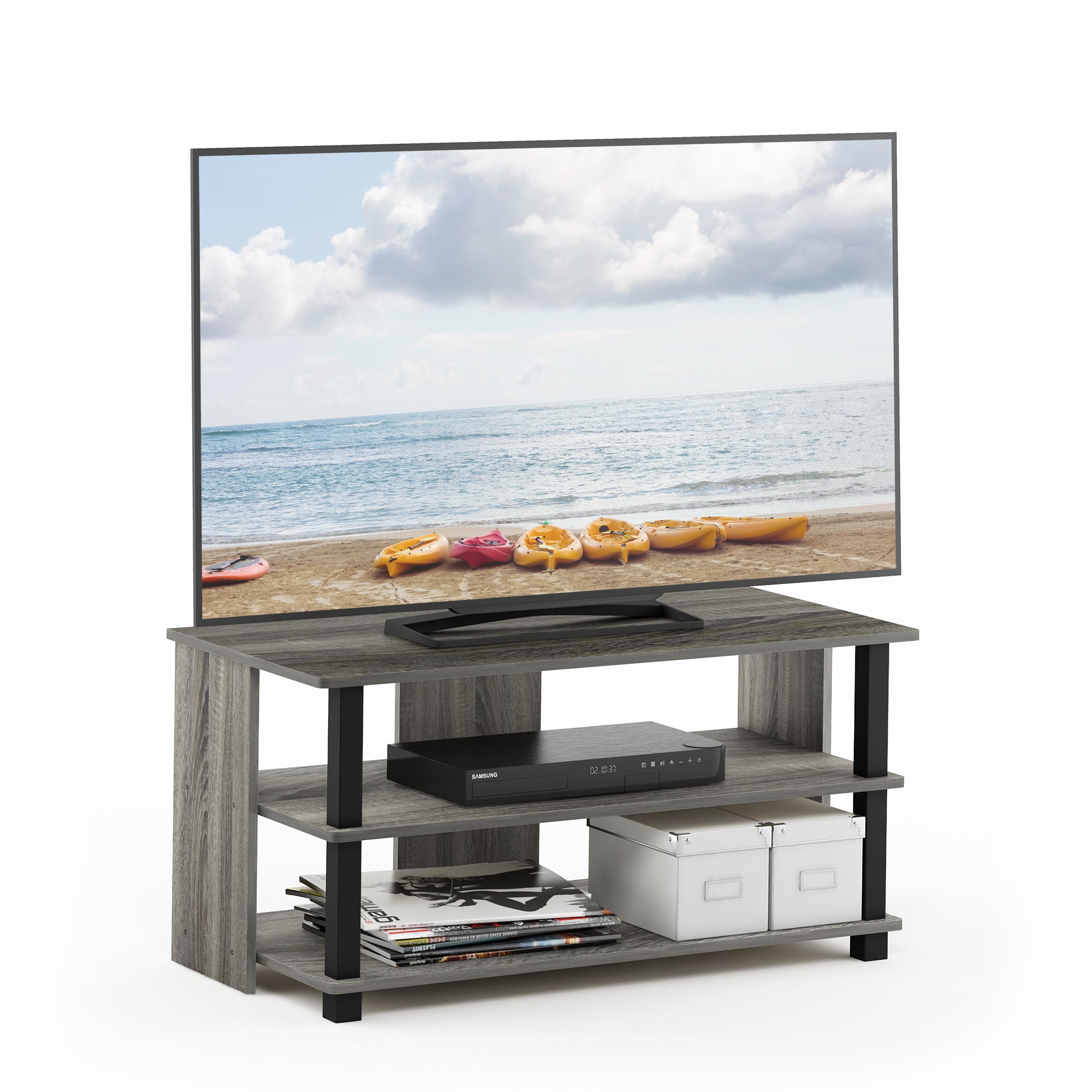 Modern 3-Tier TV Stand for Up to 102cm TVs, Freestanding Wooden Media Shelf with Risers, Contemporary Style, Under 27" High