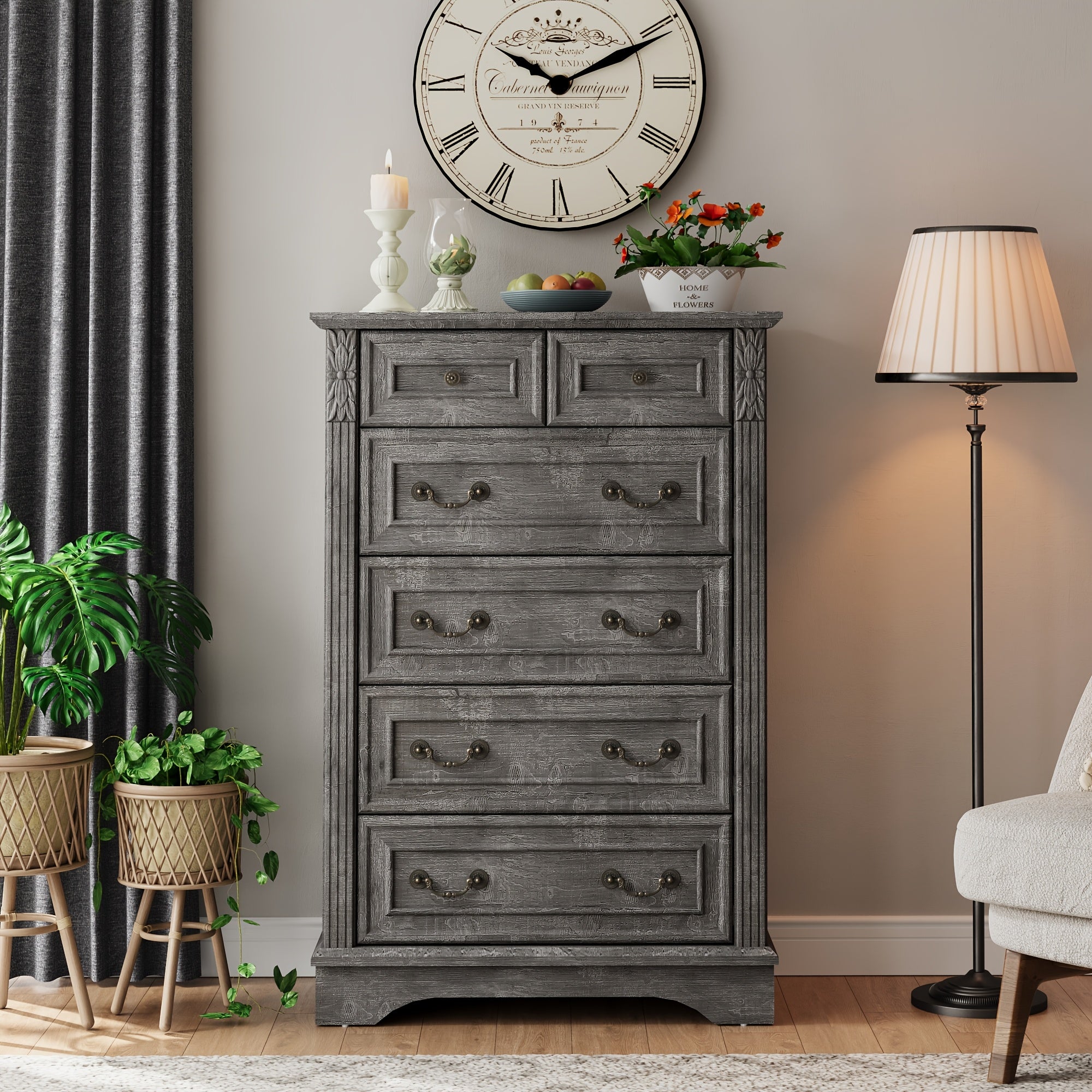 Vintage Farmhouse 6-Drawer Dresser with Carved Design - Rustic Wooden Storage Chest for Bedroom & Living Room, High-Density Fiberboard Construction