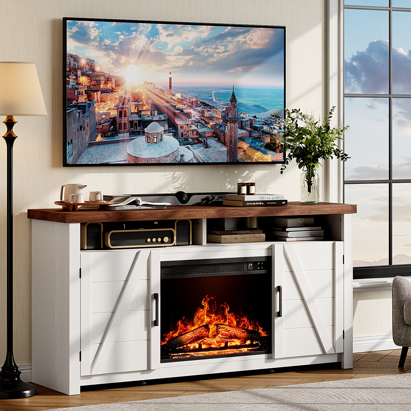 Rustic Farmhouse Highboy TV Stand with 58cm Electric Fireplace - Antique White, Fits Up to 70" TVs, Spacious Media Console for Living Room