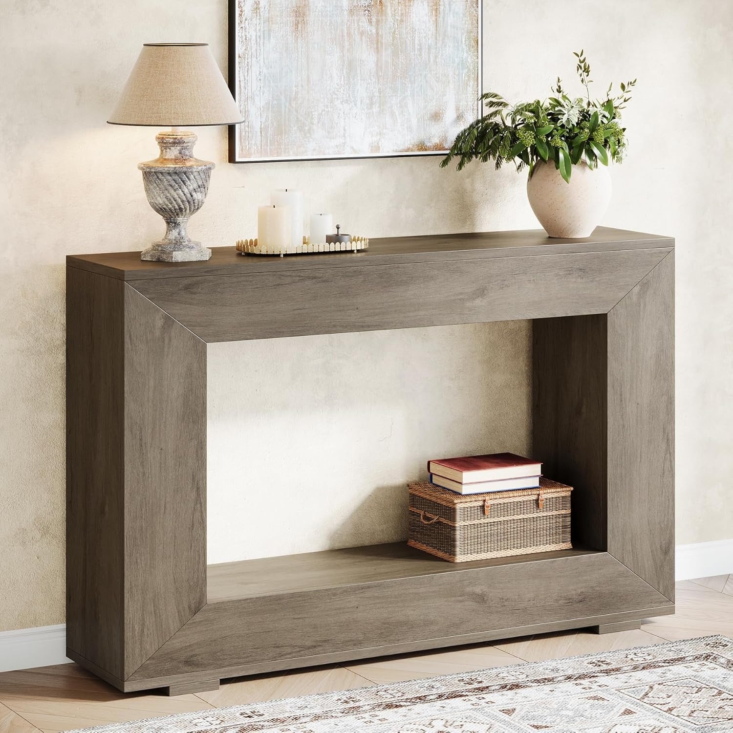 1pc 119.4 cm Rustic Sofa Table, Engineered Wood Console Table with Storage, Black Grey Finish for Entryway, Office, Living Room