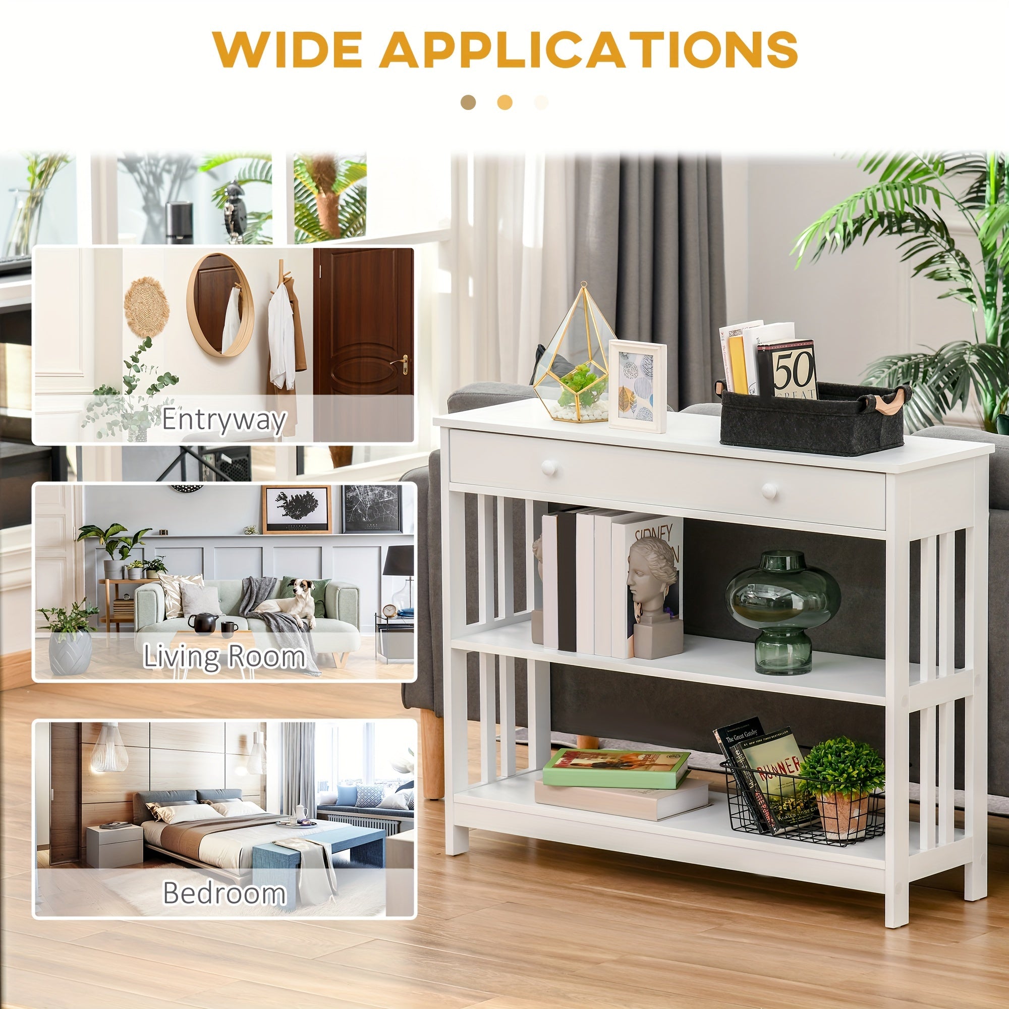 Console Hallway Table with Extra Wide Pull-Out Drawer, 2 Open Shelves, and Slatted Wood Frame Design, White (Measurements in cm)