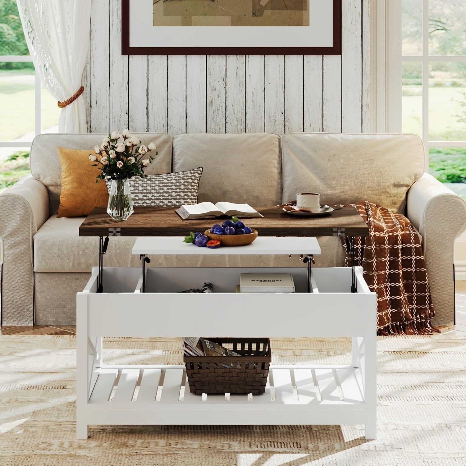 Versatile Farmhouse Coffee Table with Lift Top - Convertible to Dining, Storage & Hidden Compartment, Durable Wood Construction