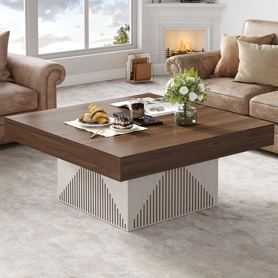 1pc Rustic Brown+White Wooden Coffee Table ONBRILL Modern Hardwood Coffee Table, Scratch Resistant Wood-Based Panel & Solid Wood Construction, Rustic Brown+White, with Assembly Required, for Living Room and Office