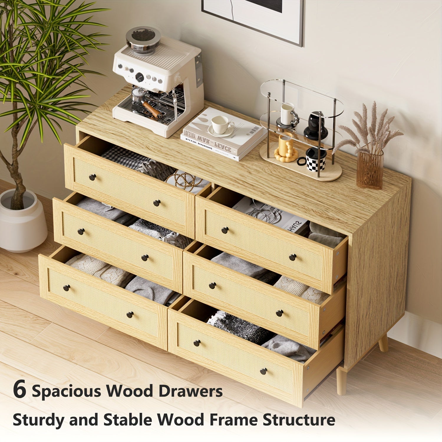 Rattan Dresser For Bedroom, 6 Drawer Double Dresser With Handles, Boho Chest Of Drawers With Deep Drawers For Living Room, Bedroom, Hallway