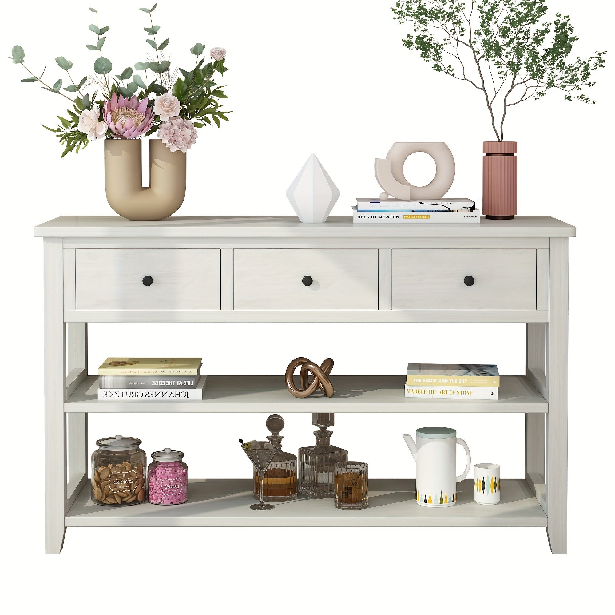 Console Table with Wood Frame and Legs, Sofa Table Entryway Table with 3 Drawers and 2 Open Shelves in Antique White (Measurements in cm)