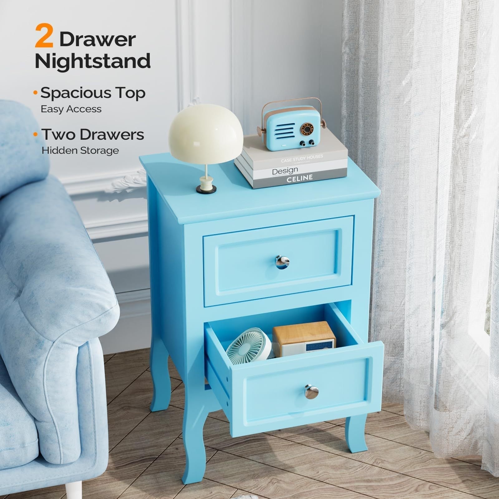 Nightstand with 2 Drawers, Night Stands for Bedrooms, Small Bed Side Table/ Night Stand with Drawers for Small Spaces