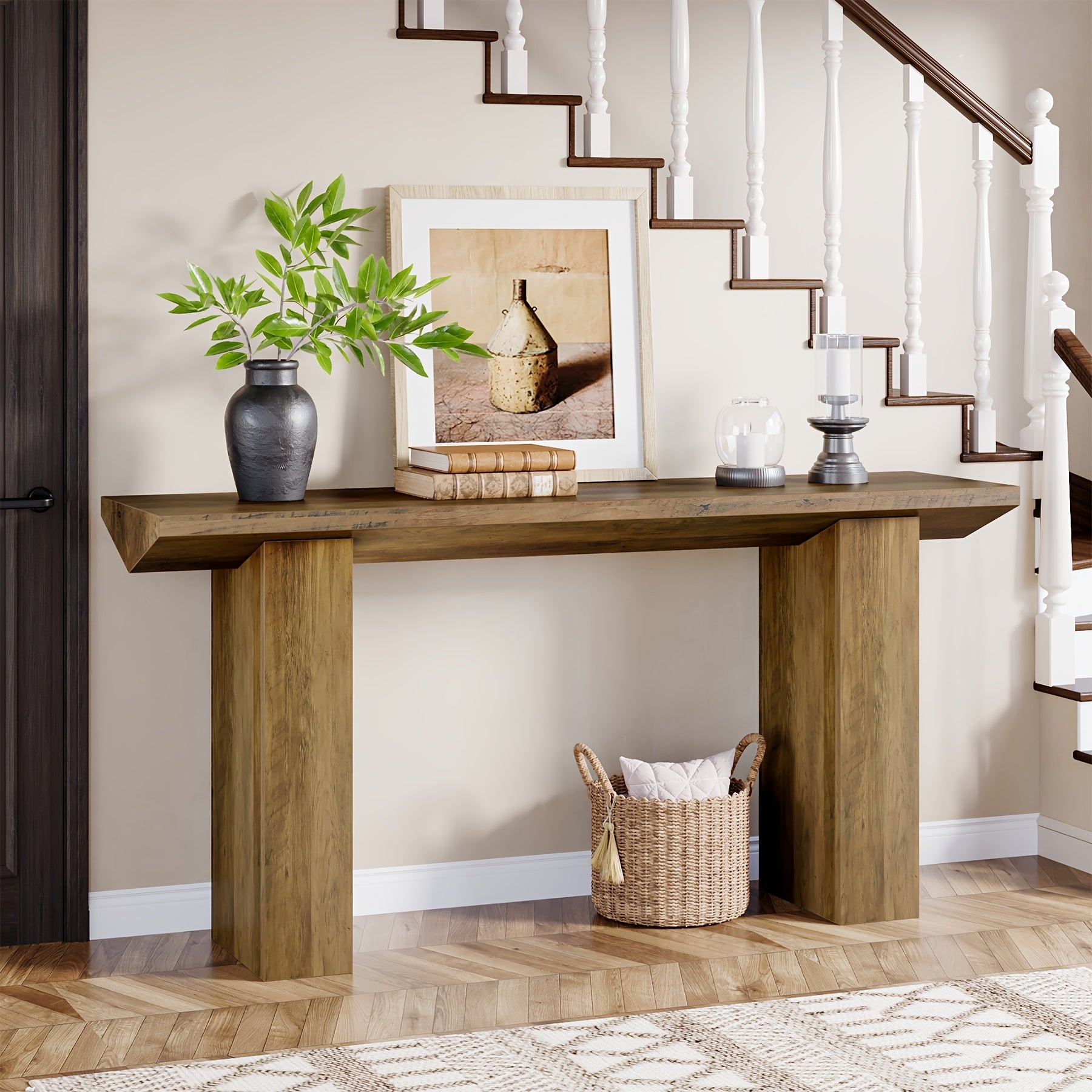 Chic Farmhouse Console Table - 160 cm Long, Stain-Resistant MDF Wooden Desk with Unique Inverted Triangle Design for Office, Entryway, or Living Room Decor