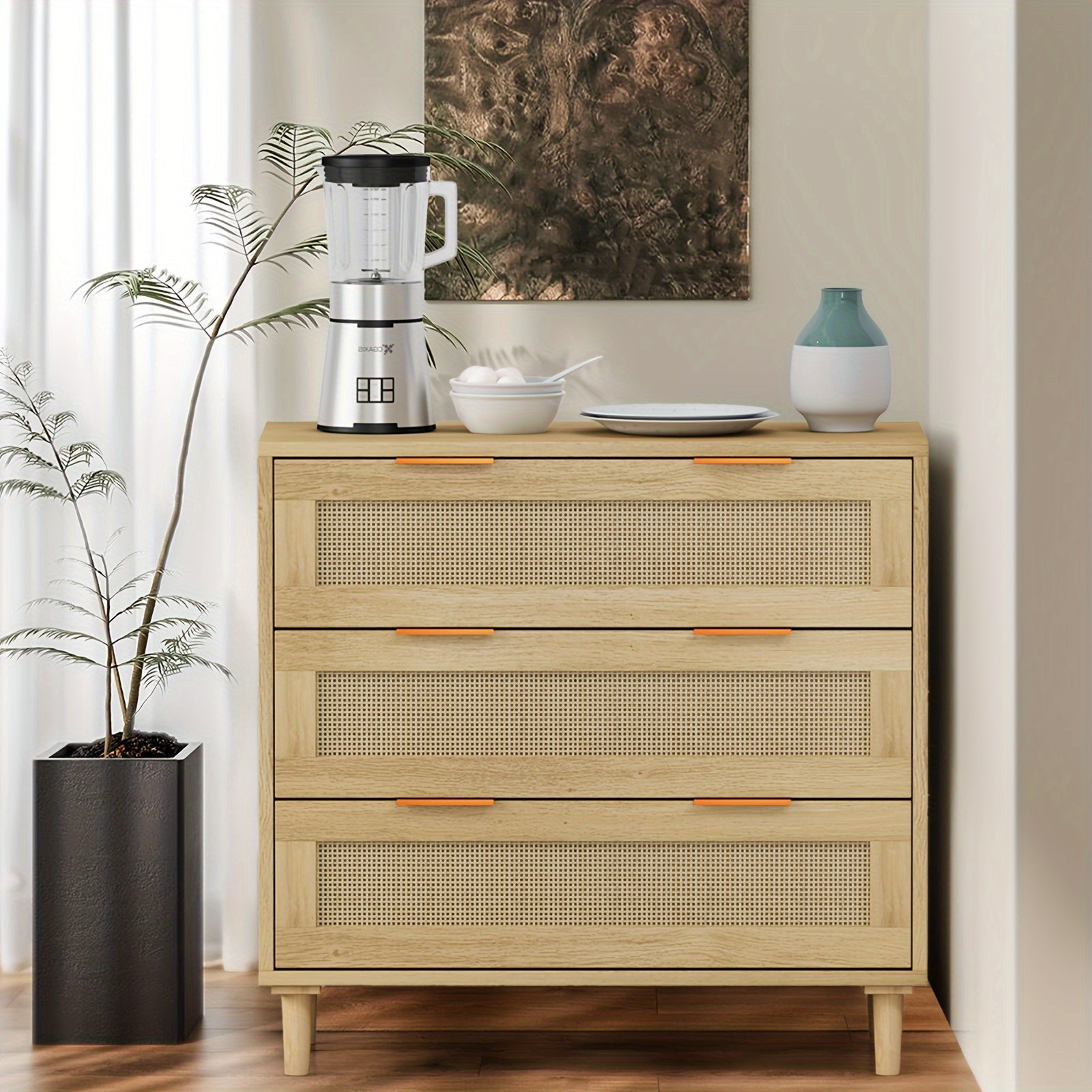 160cm Rattan Dresser For Bedroom, 6 Chests Of Drawers, Natural Wood Boho Dresser With Matte Black Handles And Legs, Spacious Storage Modern Wicker Dresser For Hallway