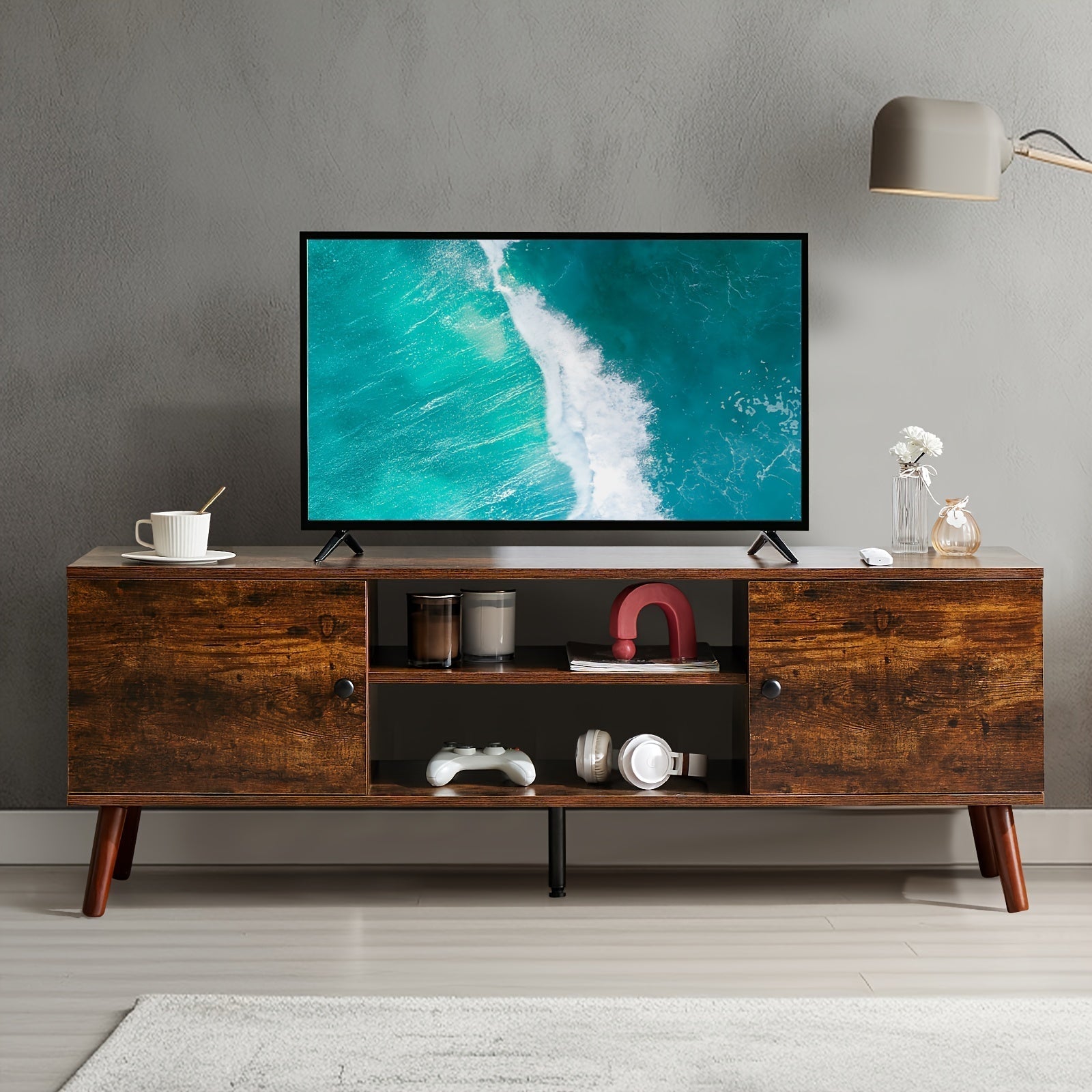 TV Stands For Living Room, Entertainment Center With Storage Cabinet, Media Console Table Stand Up To 152cm For Bedroom, Black/Brown