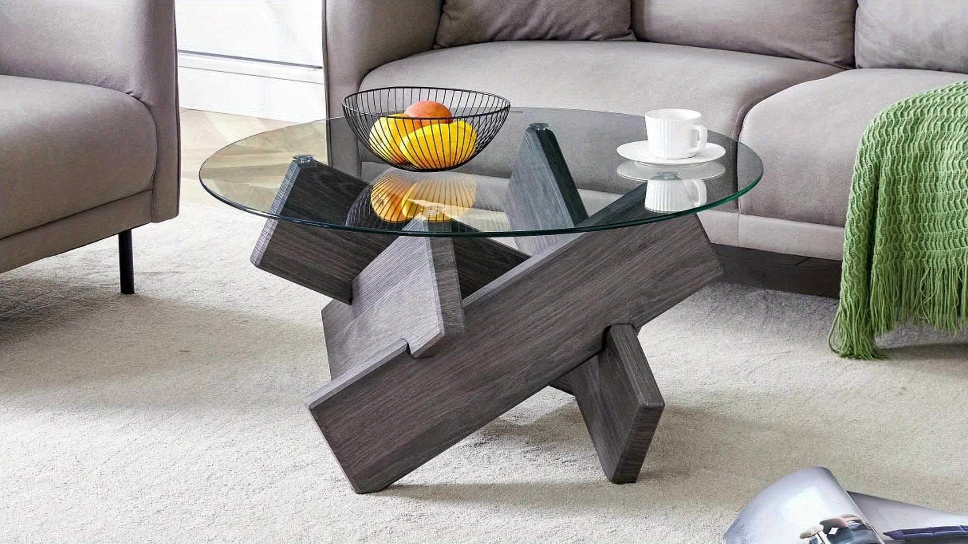 Round Glass Top Coffee Tables For Living Room, 33.4 Inch Rustic Farmhouse Center Table, Mid Century Circle Cocktail Table With Gray Wood Crossed Legs, Characteristic Furniture