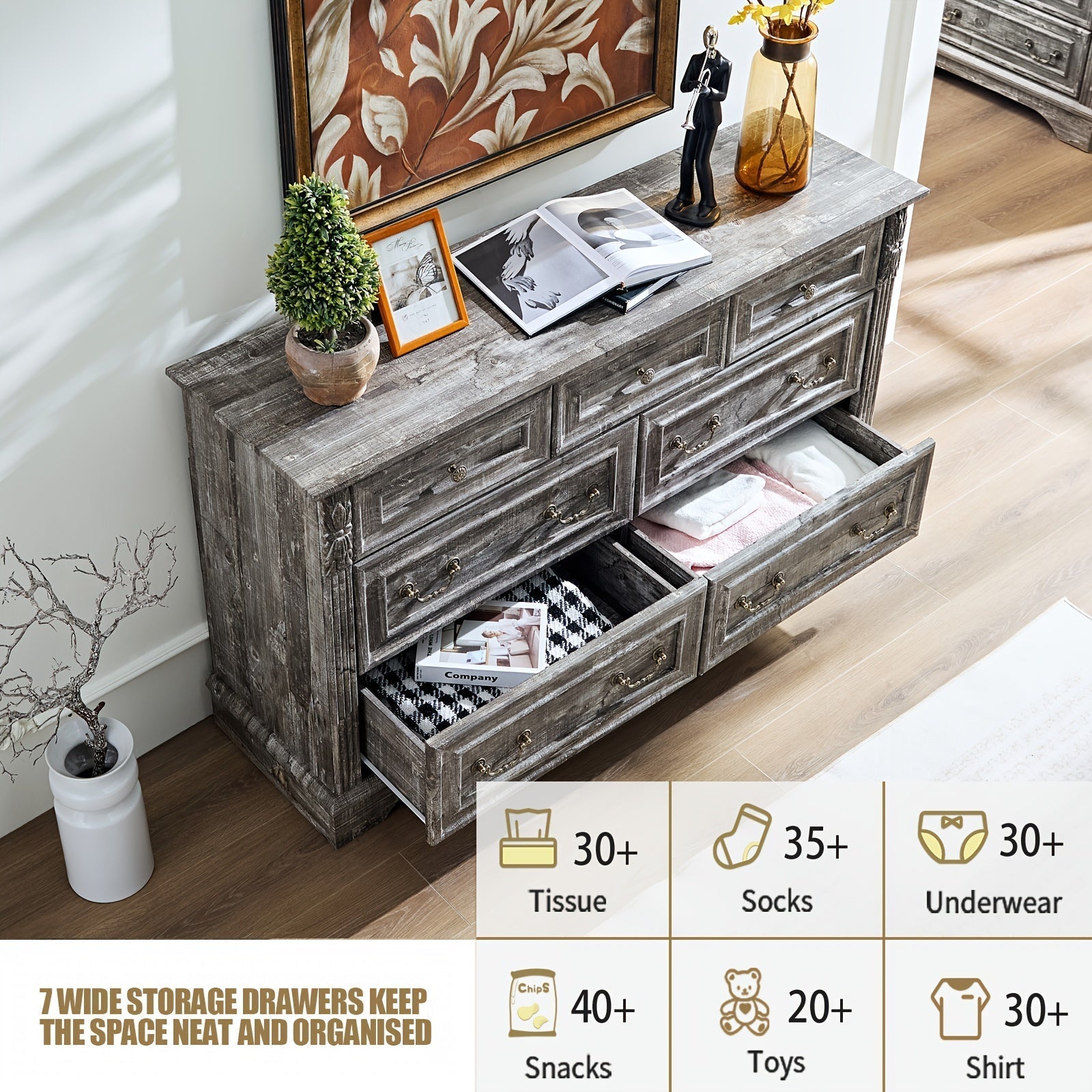 Farmhouse Dresser For Bedroom, 138cm Wide 7 Drawers Dresser, Wood Dresser For Bedroom, Grey 10 Chest Of Drawers With Thickened Wood Carving For Closet, Hallway