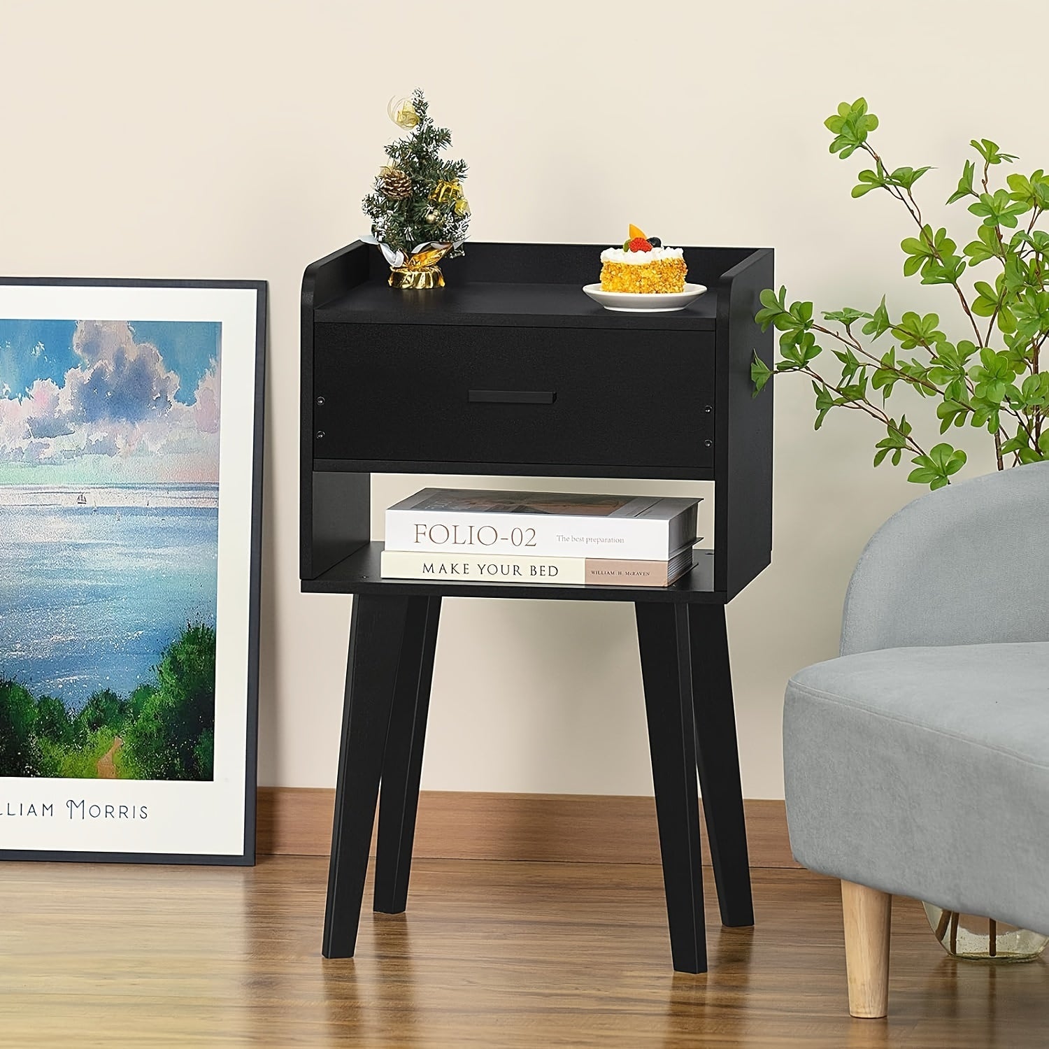 Black Nightstand, Modern Bedside Table with Drawer, Wood End Table for Small Space, Side Table with Storage, Night Stand for Bedroom/Living Room/Dorm 26.38''H