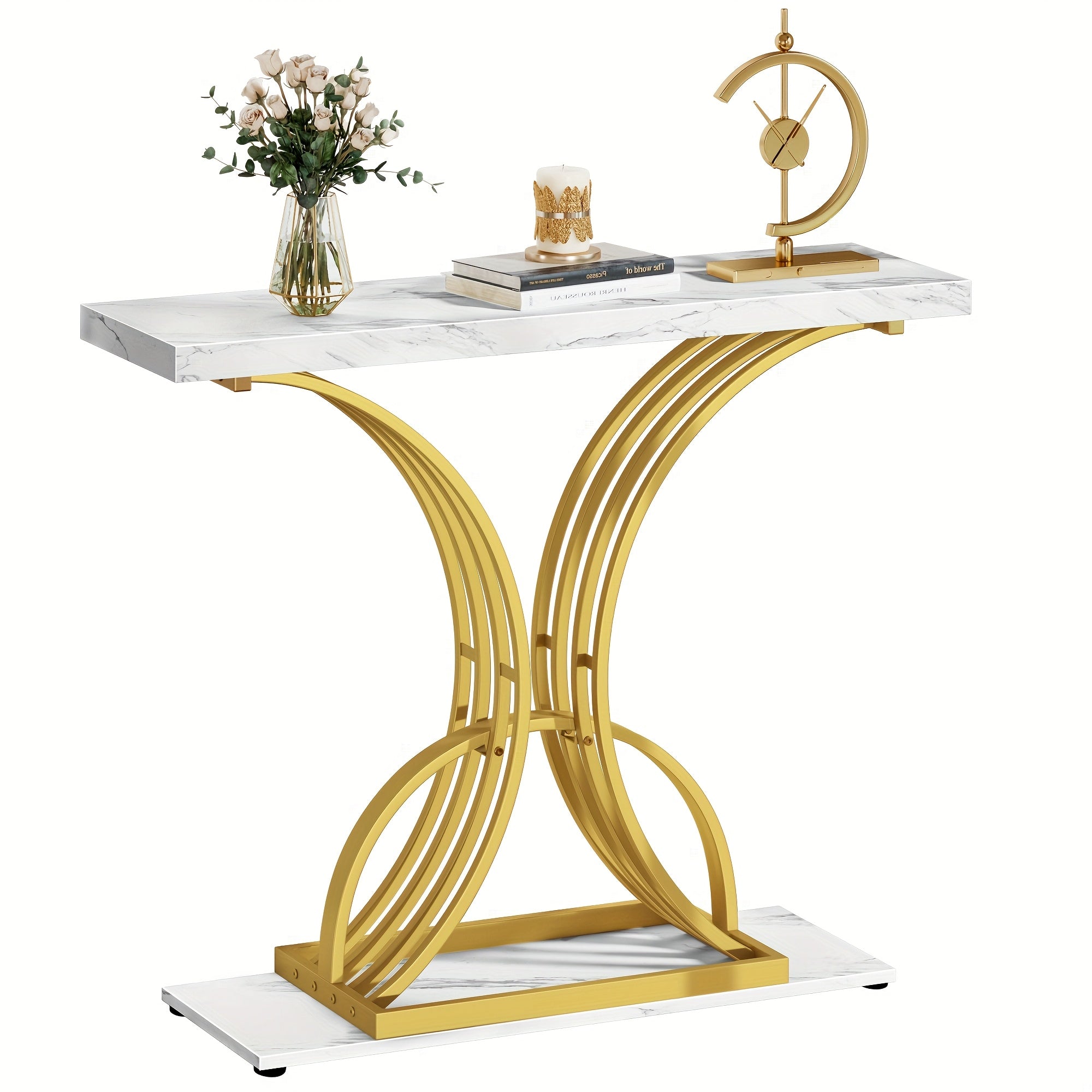 Sleek Golden Accent Console Table with Marble-Like Top for Entryway (120 cm)