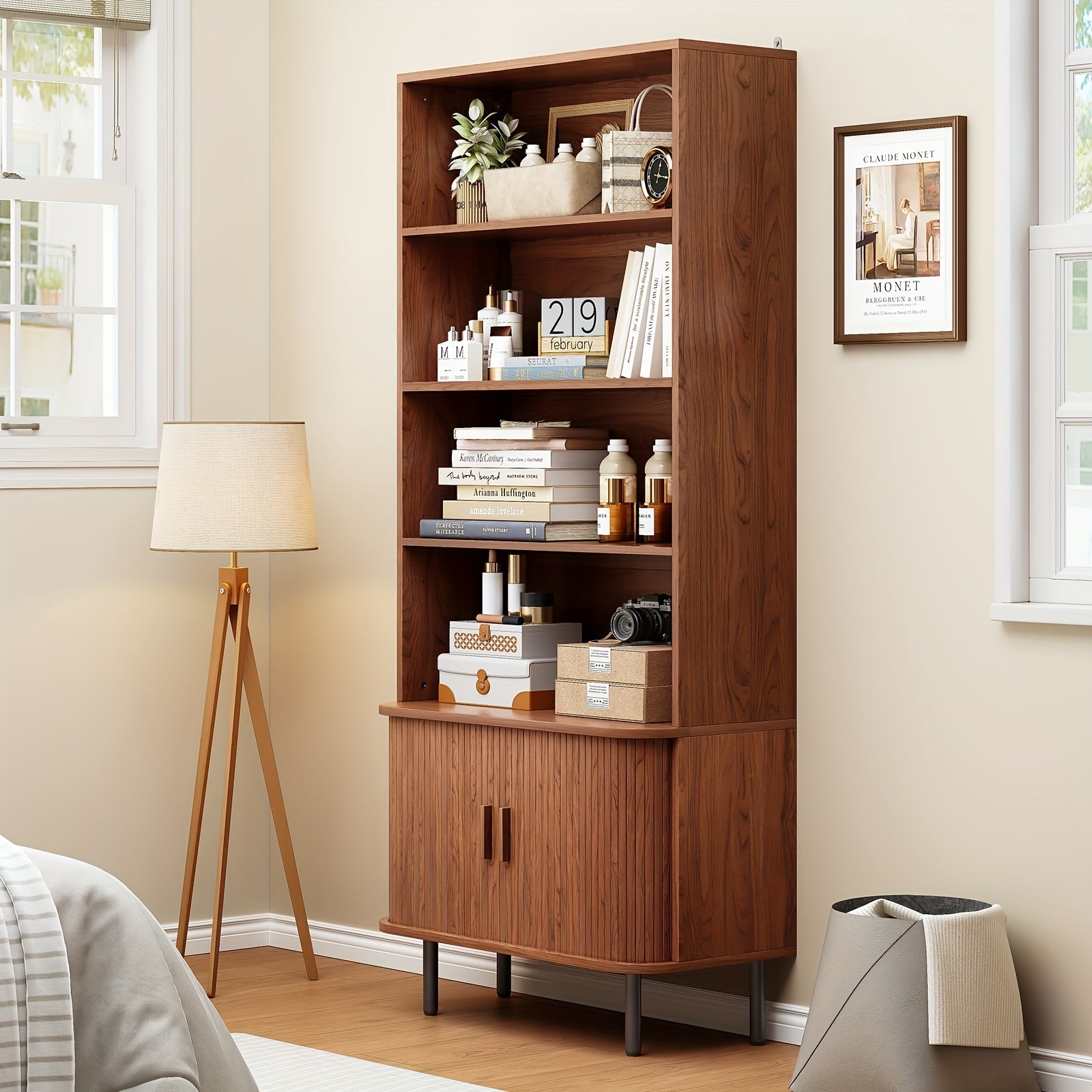 180cm Bookcase 4 Shelves Bookcase With Storage Cabinets And Adjustable Storage Shelves With Sliding Doors And Adjustable Feet For Home Office, Living Room Walnut