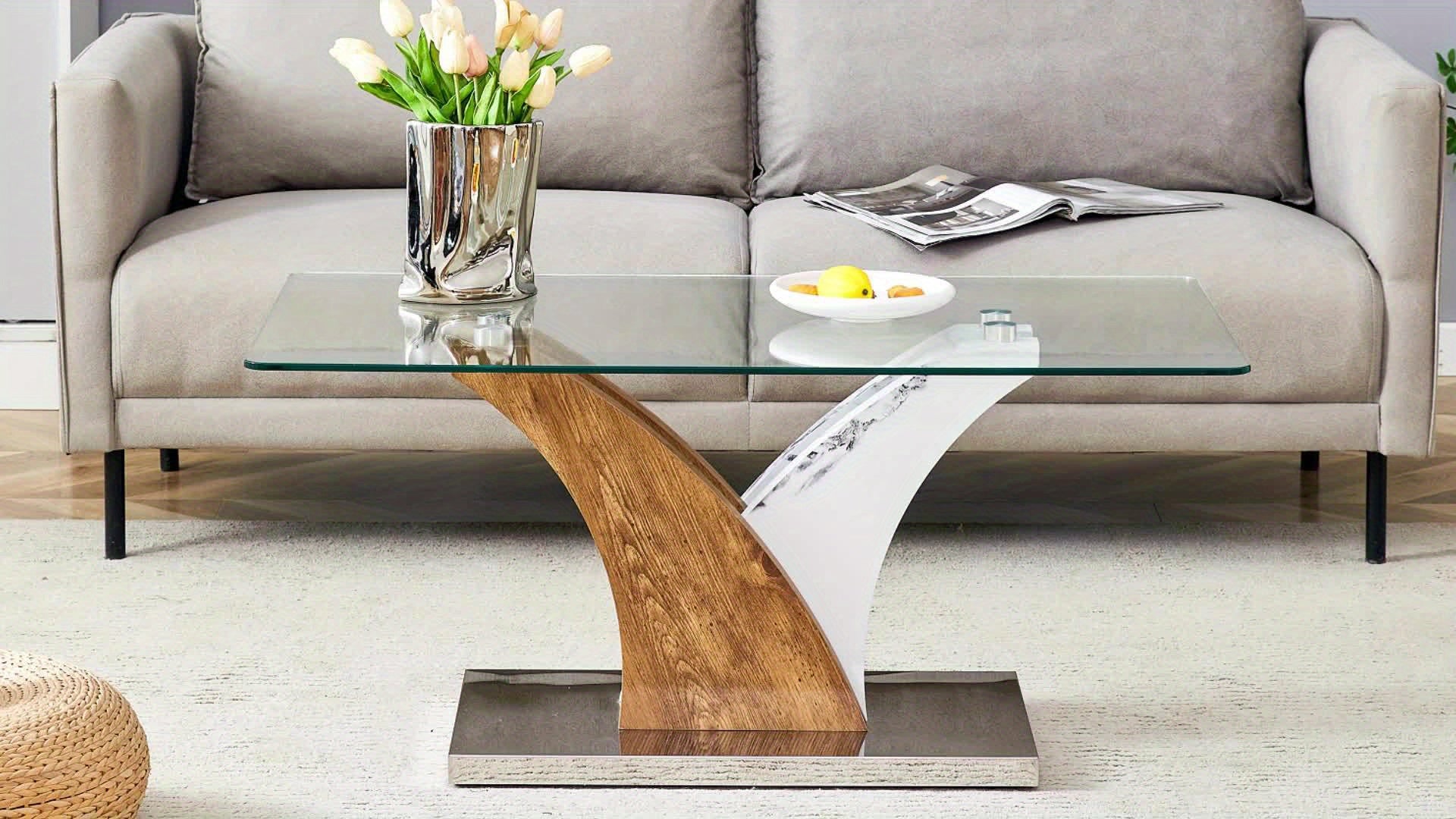 Rectangular Coffee Table With Tempered Glass Countertop, Stylish Tea Table With Round Table Corners And Artistic MDF Legs, Easy To Clean And Scratch Prevention, Perfect For Hosting Dinners, Conferences, Home, Living Room And