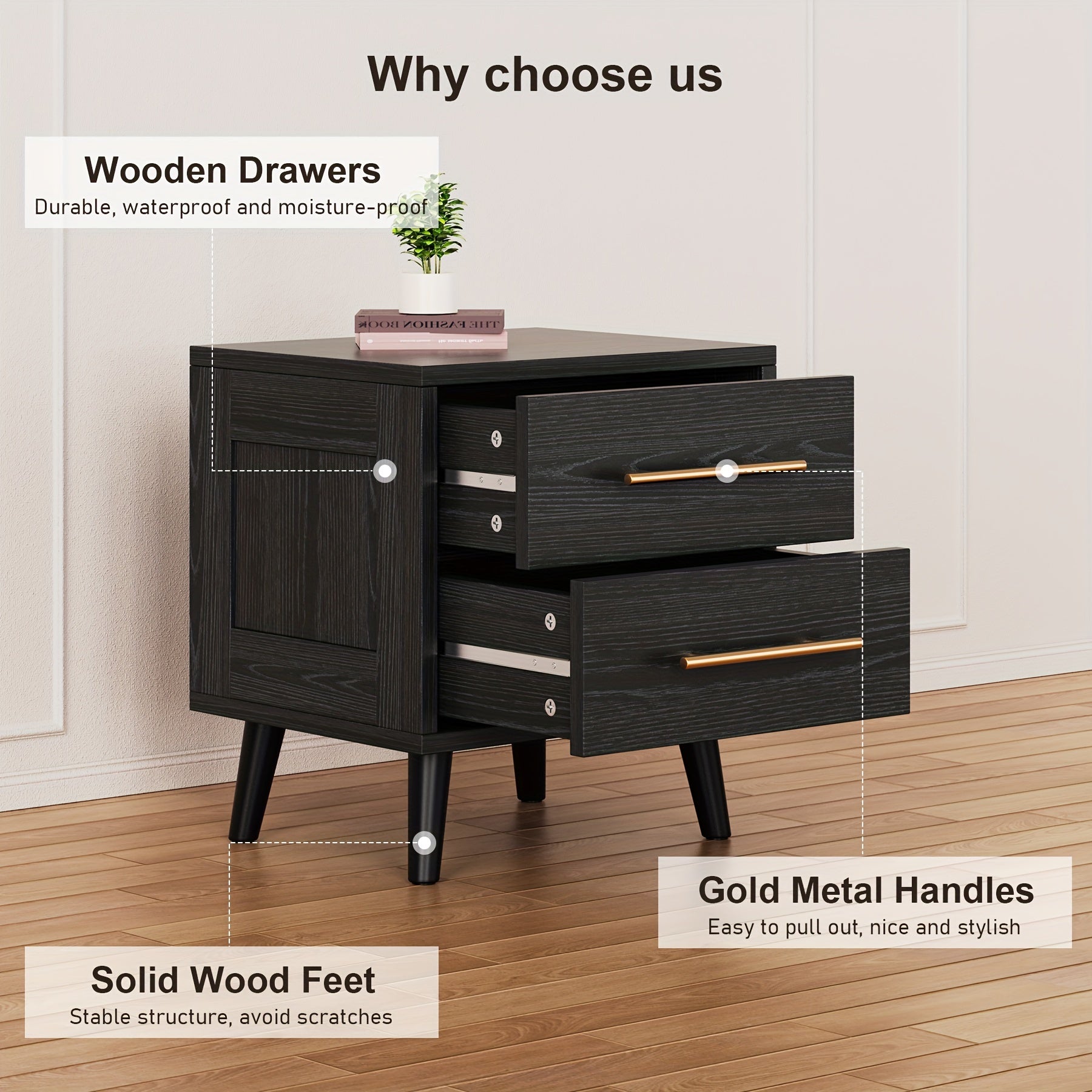 Nightstand, Bedside Table With Metal Handles, Modern Wood Night Stand 2 Drawer Dresser For Bedroom