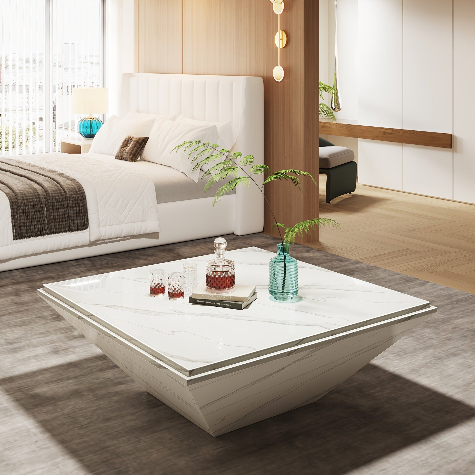 Modern 91cm Square Coffee Table with Faux Marble Top - Stain-Resistant, Large Engineered Wood Centerpiece for Living Room