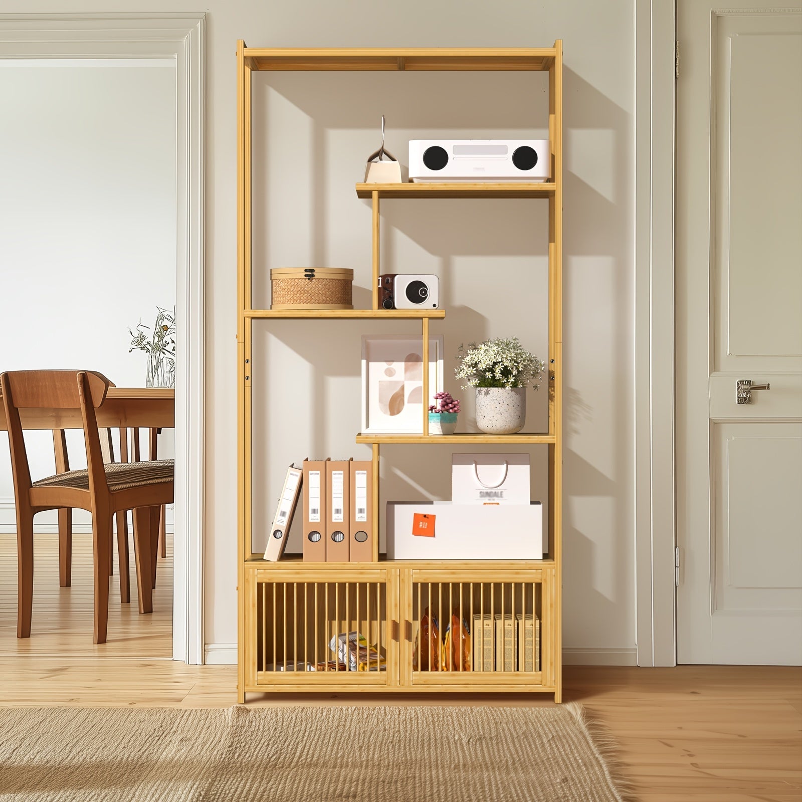 Free Standing Storage Shelf: Bamboo Storage Rack Shelving Unit with High And Low Shelves Bookshelf Plant Stand for Home Organization