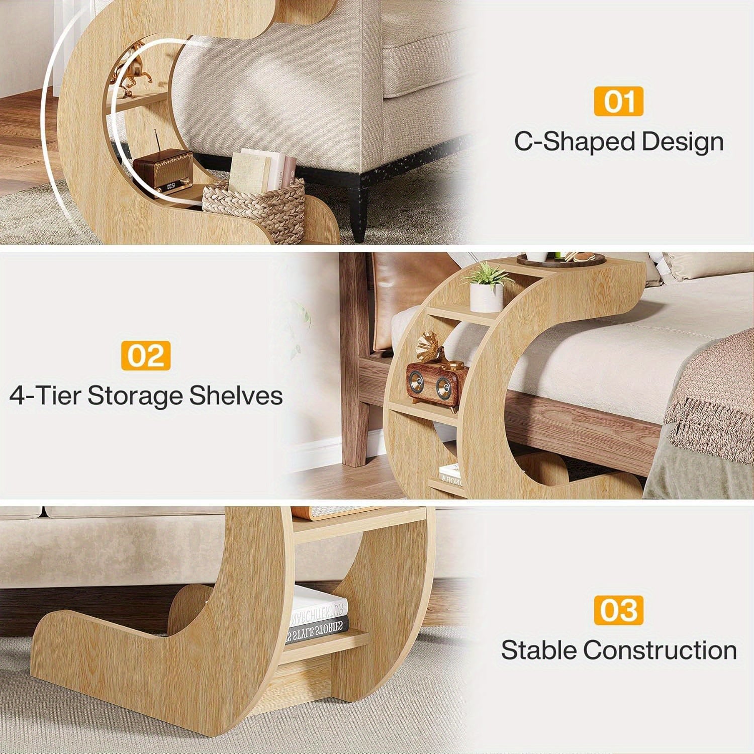 C-Shaped Table for Couch, Small 4-Tier End Tables with Storage Shelves, Wooden Side Table for Living Room, Bedroom, Storage Lockers, Christmas Clearance