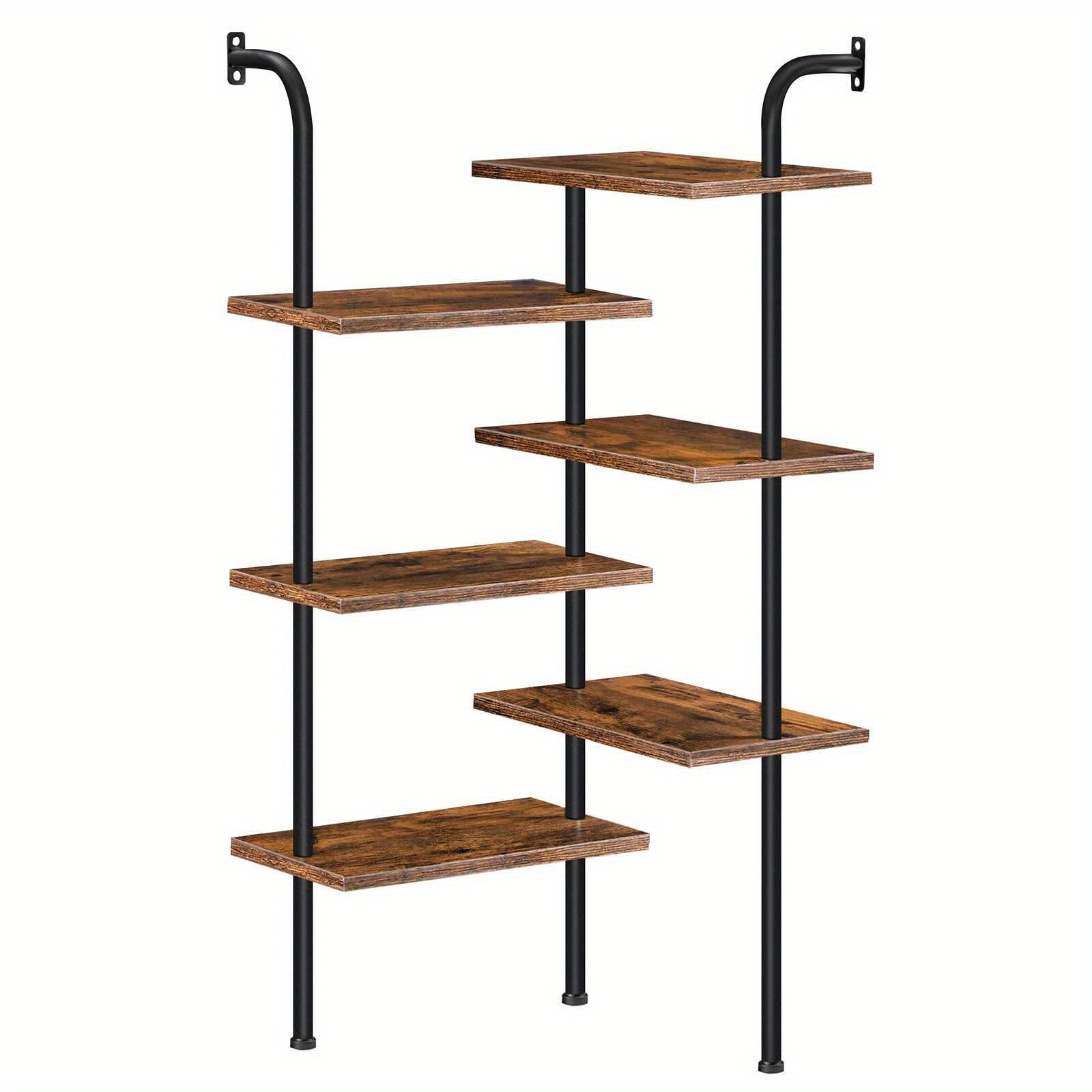 6-Tier Rustic Brown Corner Bookshelf - Space-Saving L-Shaped Wall Mount, Anti-Tip Metal Frame with Wooden Shelves for Living Room, Balcony, Study - Ideal for Decorative Displays and Organizing Books, Decorative Bookshelf | Op