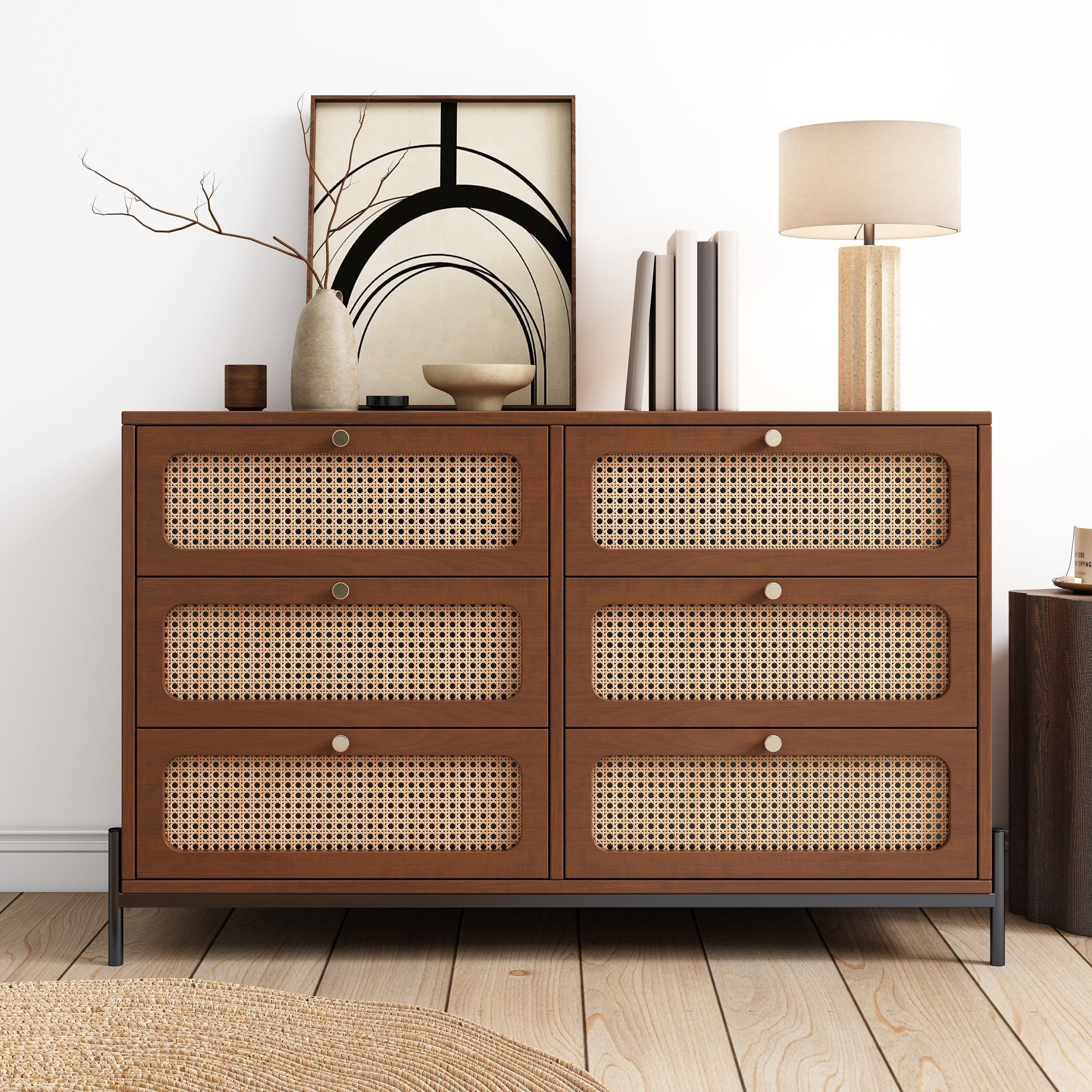 Modern Cannage Rattan Wood Closet 6-Drawer Dresser Wood Storage Cabinet Sideboard for Bedroom, Living Room, Entryway, Hallway