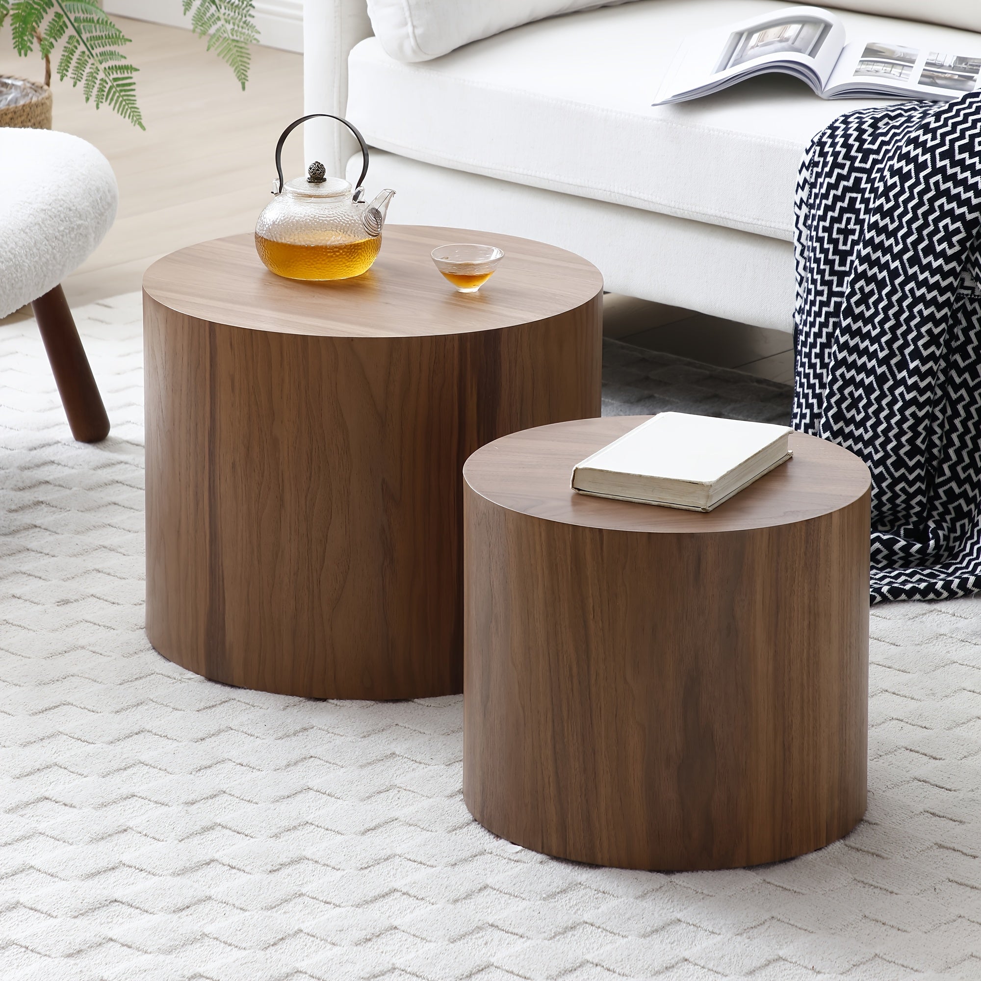 Nesting Coffee Table Set Of 2 Round Side Table End Table For Living Room, Wood Circle Drum Coffee Table Contemporary Living Room End Table For Small Space Living Room (Walnut)