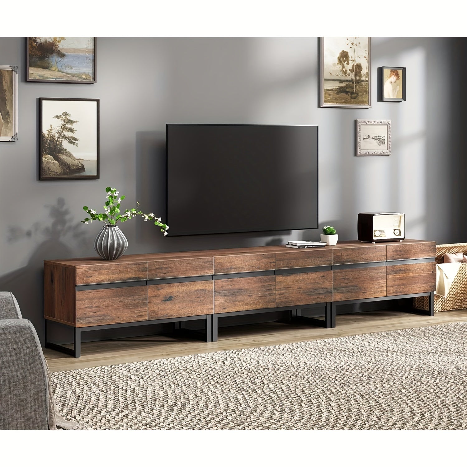 3 In 1 Modern TV Stand For TVs Up To 279cm, Wood Entertainment Center TV Console With Storage Cabinets And Metal Base, Media Console For Living Room, Brown