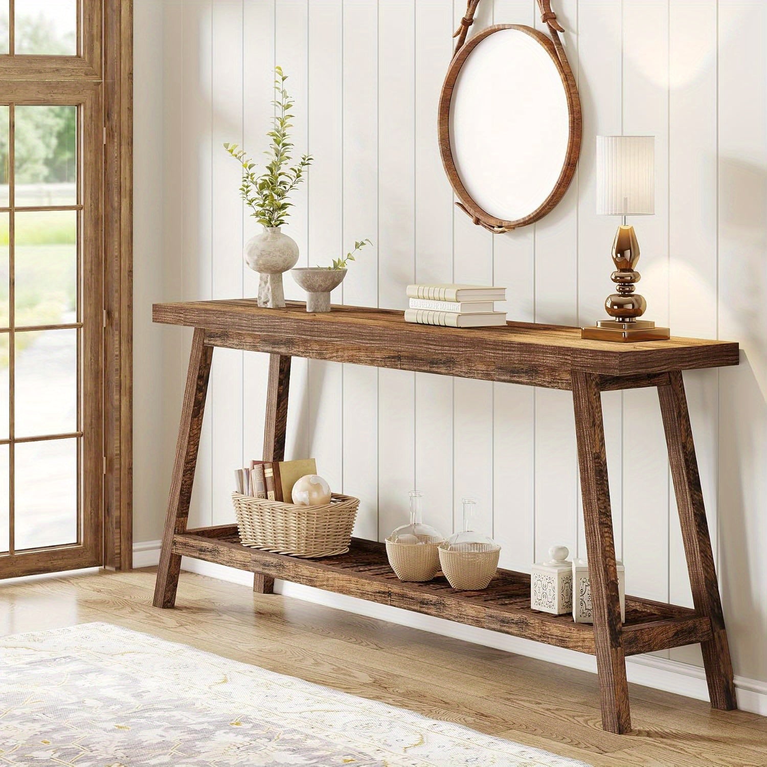 Rustic Farmhouse Console Table - 180 cm All-Wood Entryway Table, Dual Tier Narrow Design for Couch & Sofa Backdrop, Perfect for Hallway, Living Room - Brown