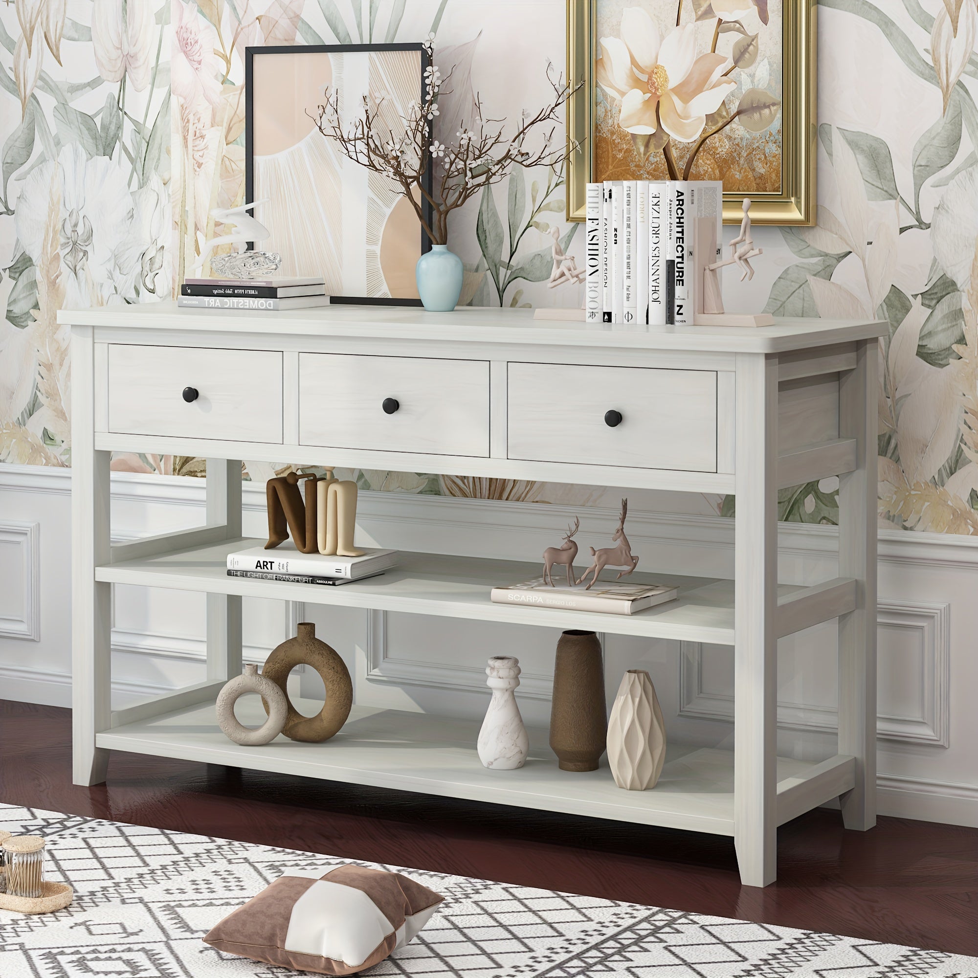 Console Table with Wood Frame and Legs, Sofa Table Entryway Table with 3 Drawers and 2 Open Shelves in Antique White (Measurements in cm)