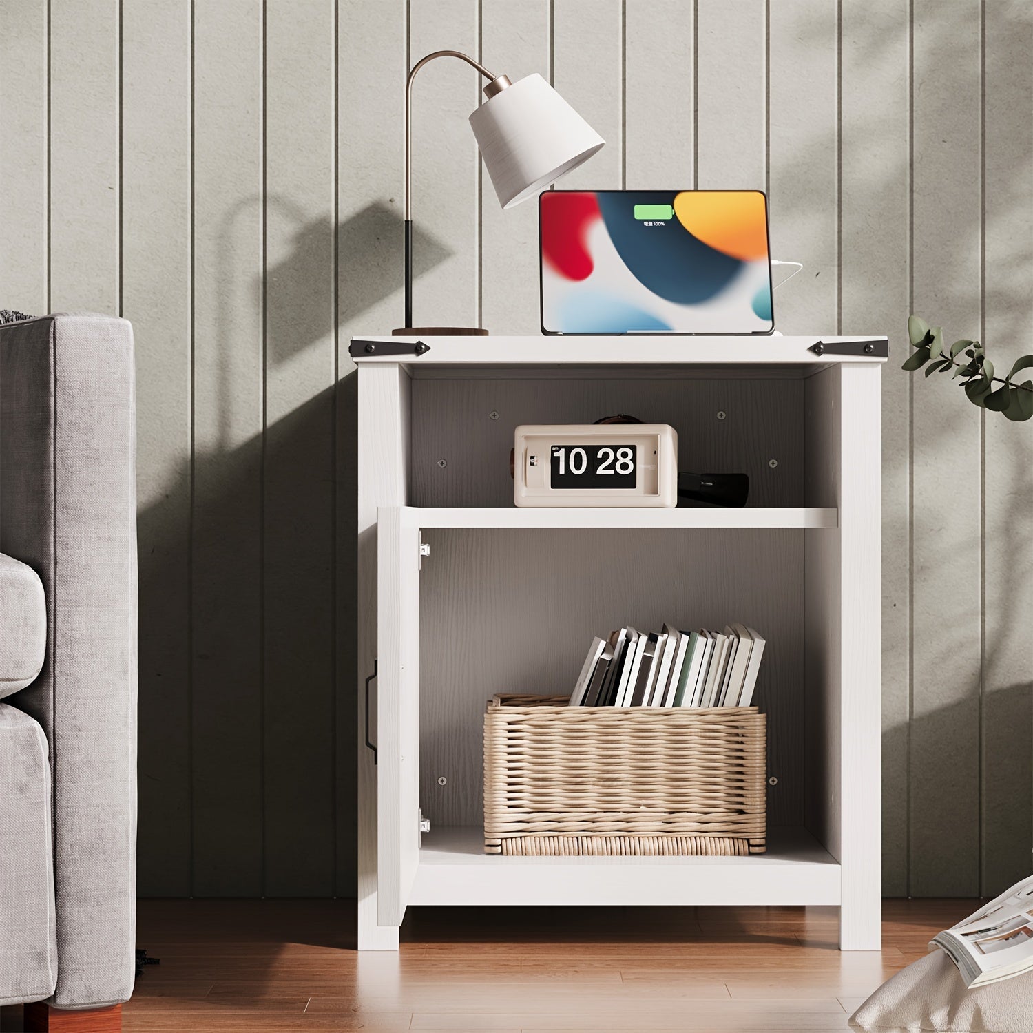 Farmhouse End Table With Charging Station, 21'' Rustic Nightstand With Barn Door, And Open/Closed Storage, Set Of 2 For Living Room Or Bedroom.